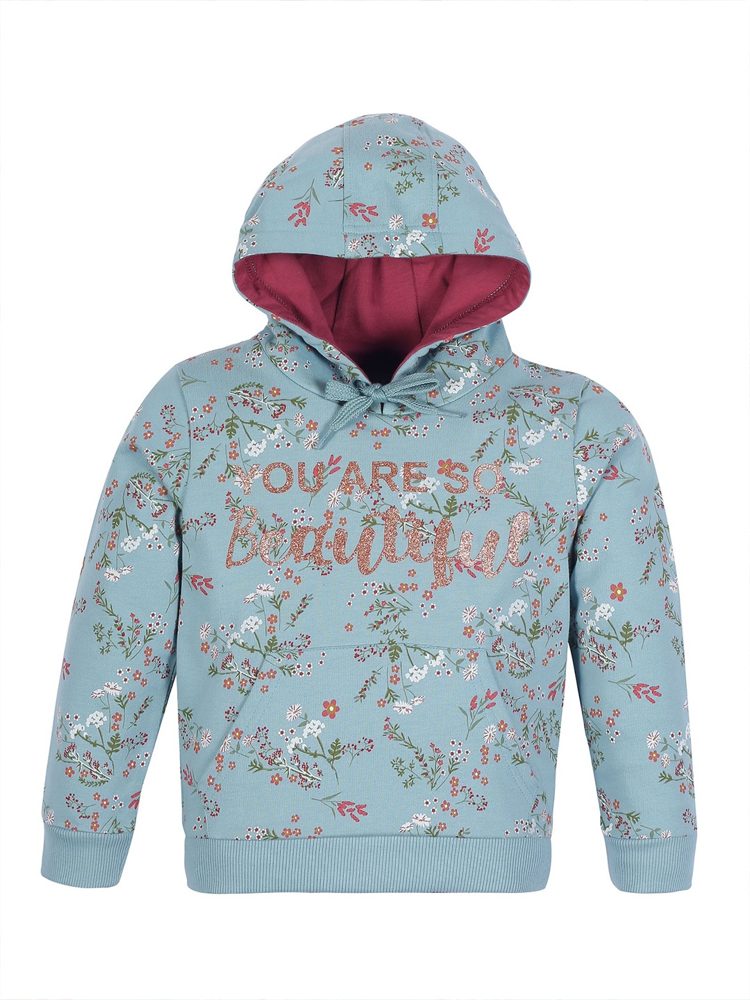 

PLUM TREE Girls Floral Printed Hood Cotton Pullover Sweatshirt, Turquoise blue