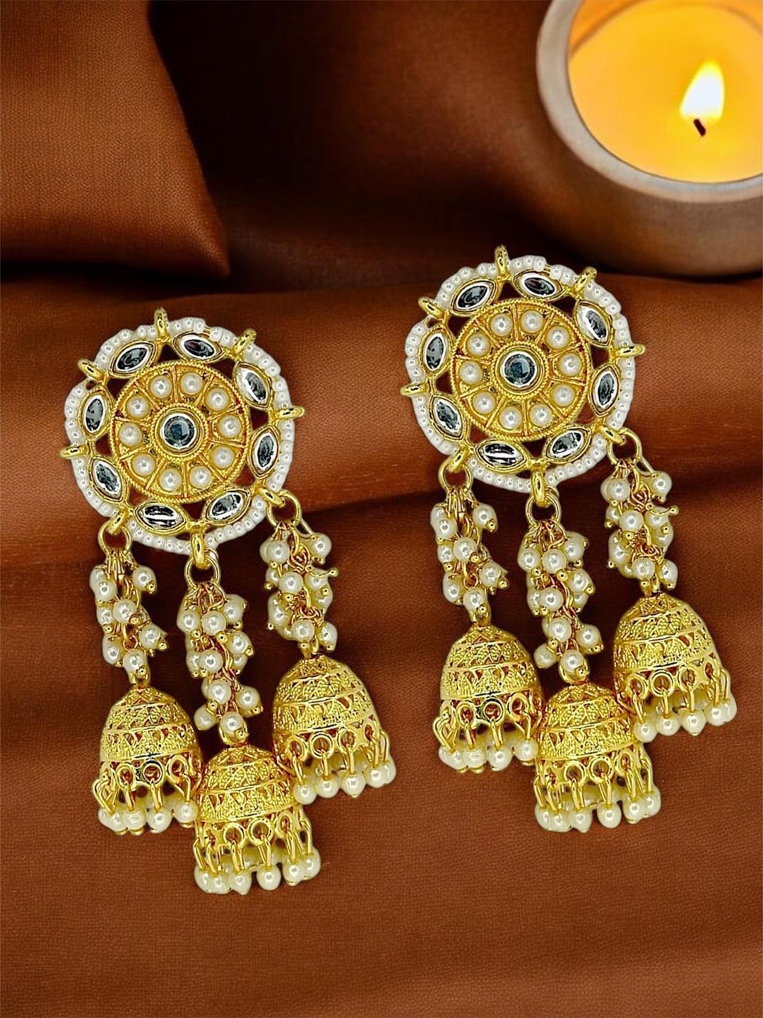 

9blings Gold Plated Kundan Studded Circular Drop Earrings