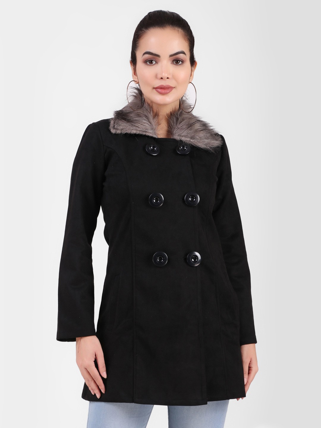 

FNOCKS Women Solid Double-Breasted Fur Notched Lapel Collar Woollen Overcoat, Black