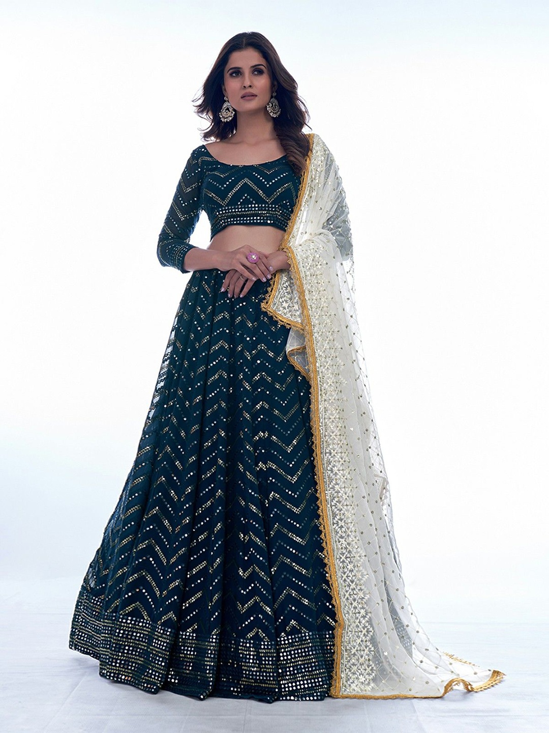 

ODETTE Embellished Semi-Stitched Lehenga & Blouse With Dupatta, Navy blue