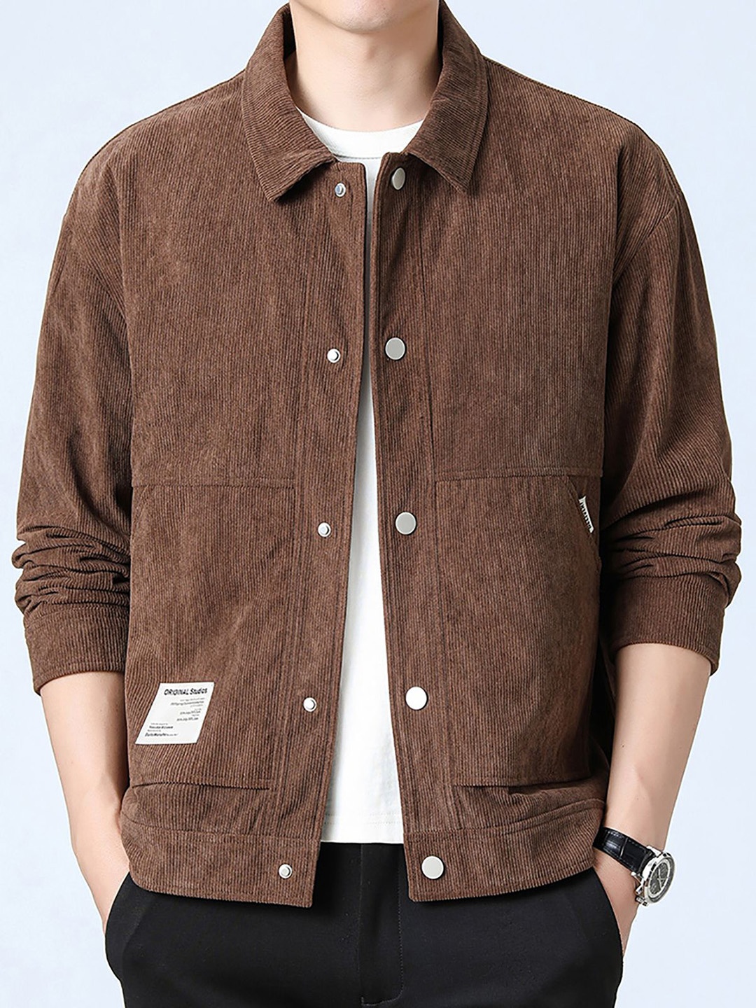 

StyleCast x Revolte Men Spread Collar Self Design Casual Windcheater Jacket, Brown
