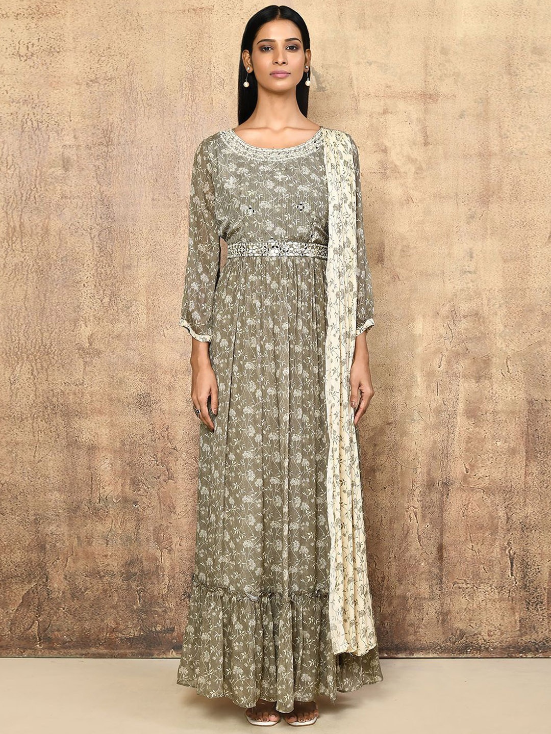 

Samyukta Singhani Cynthia Printed Mirror Embroidered Anarkali & Attached Dupatta, Grey