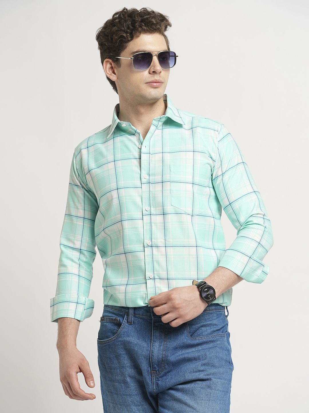 

TRYBUY.IN Men Standard Spread Collar Windowpane Checked Cotton Casual Shirt, Blue