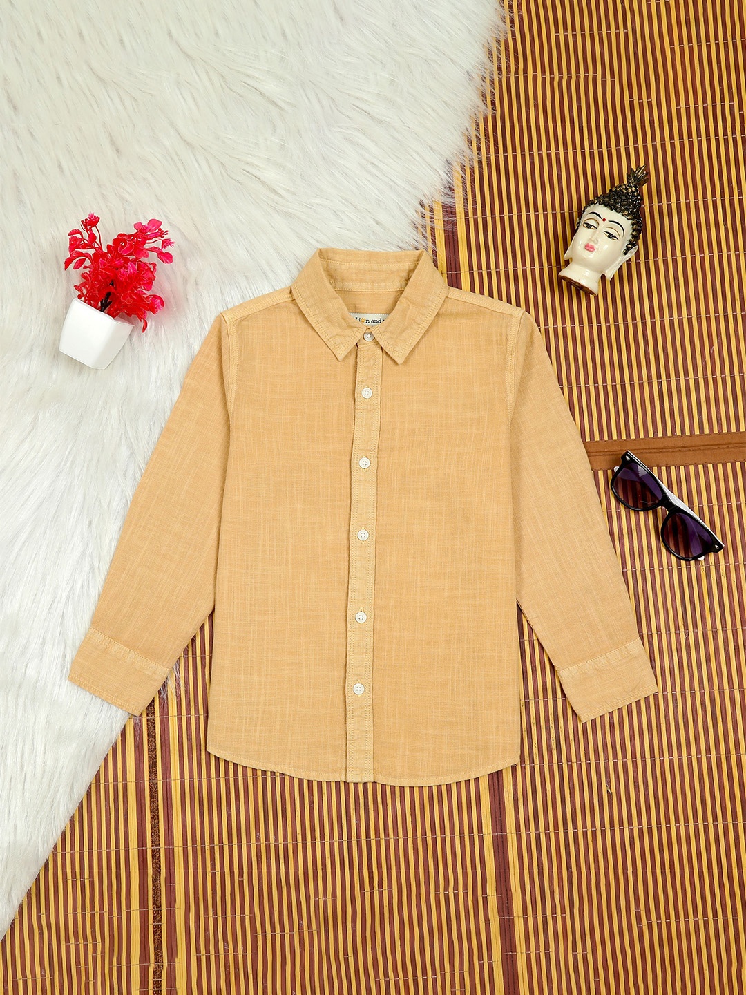 

The Lion and The Fish Boys Comfort Vertical Striped Cotton Relaxed Fit Casual Shirt, Tan