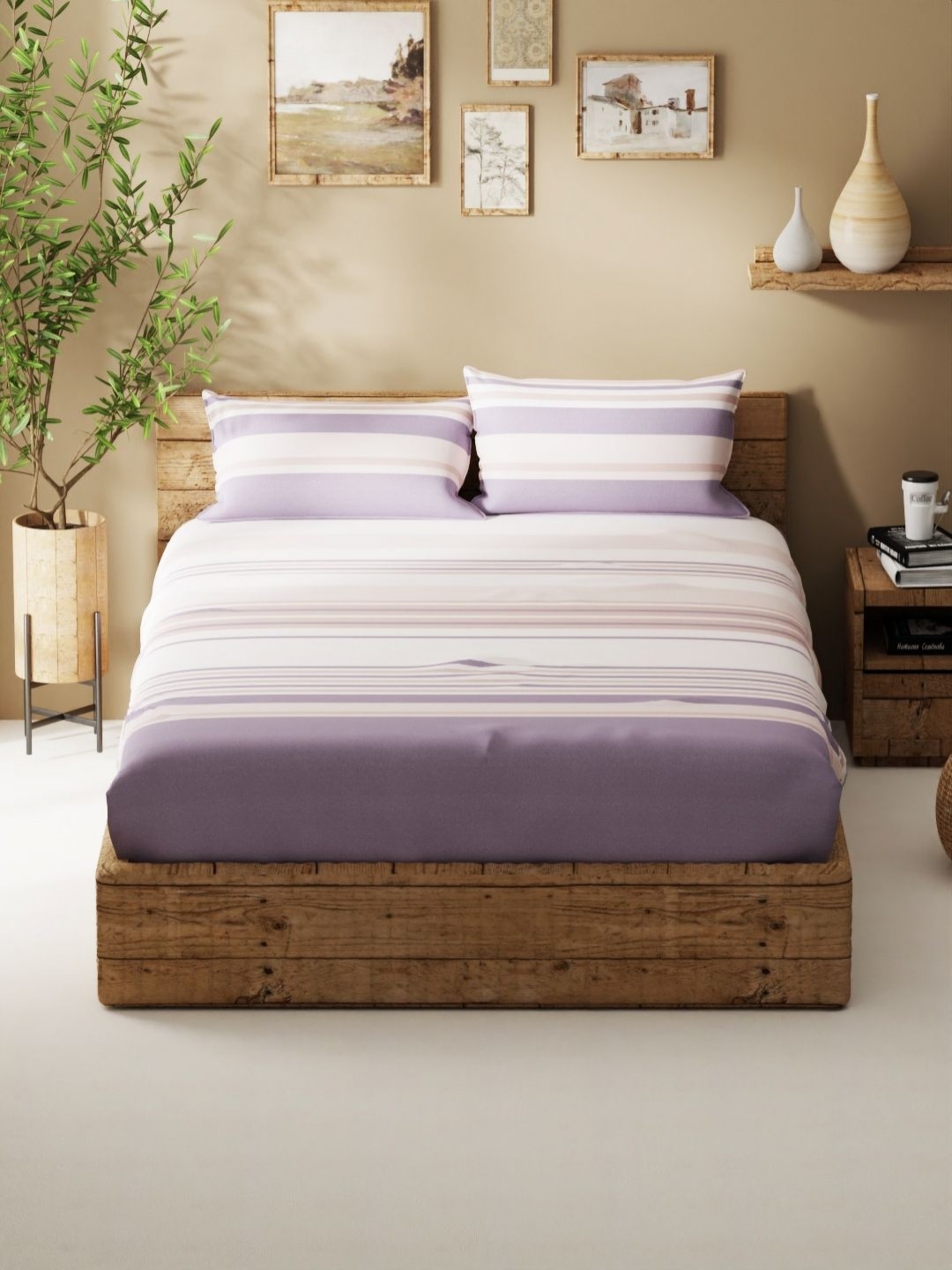 

BIANCA Purple & White Striped 120 TC Queen Bedsheet with 2 Pillow Covers