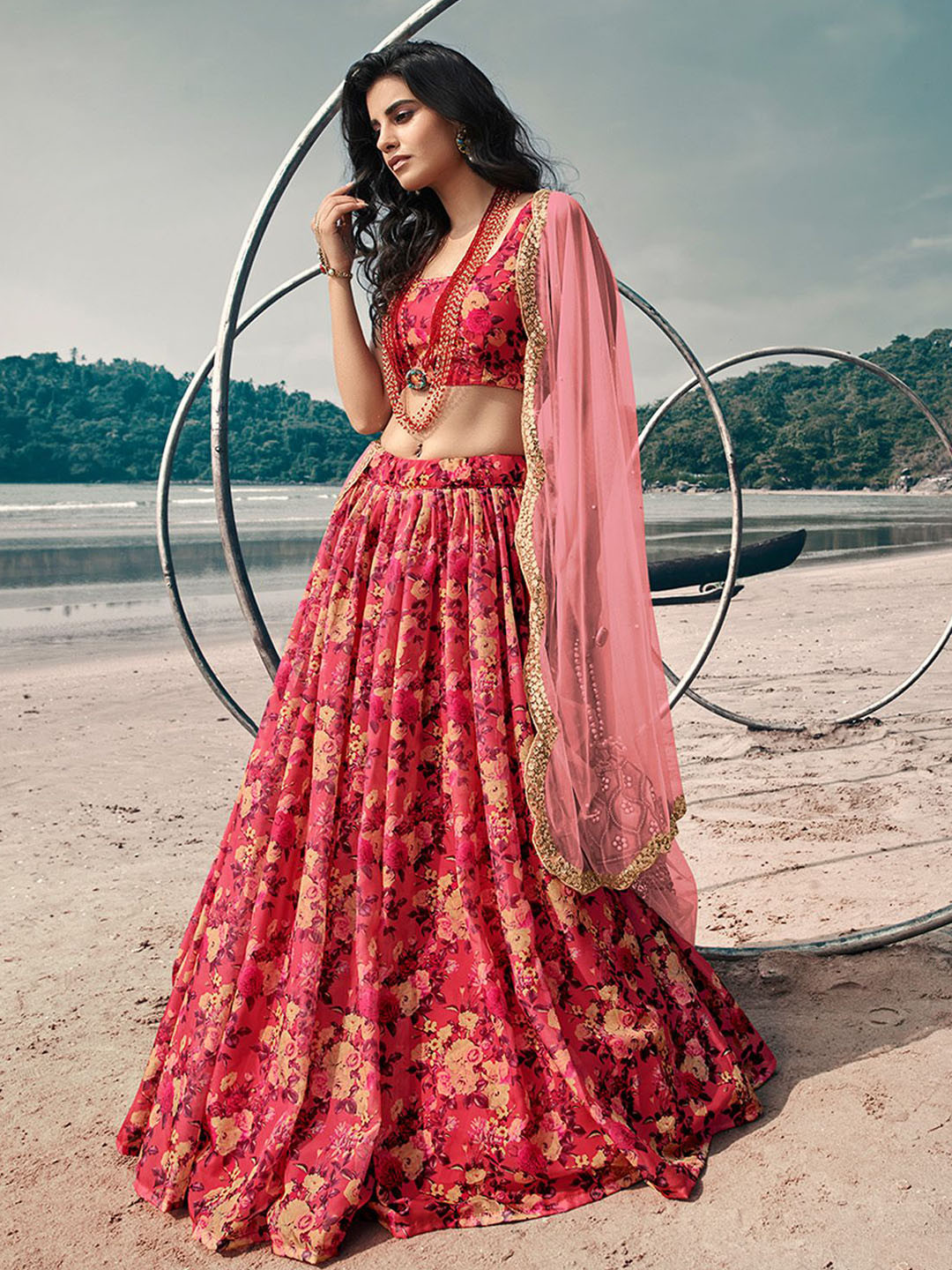 

ODETTE Printed Semi-Stitched Lehenga & Blouse With Dupatta, Maroon