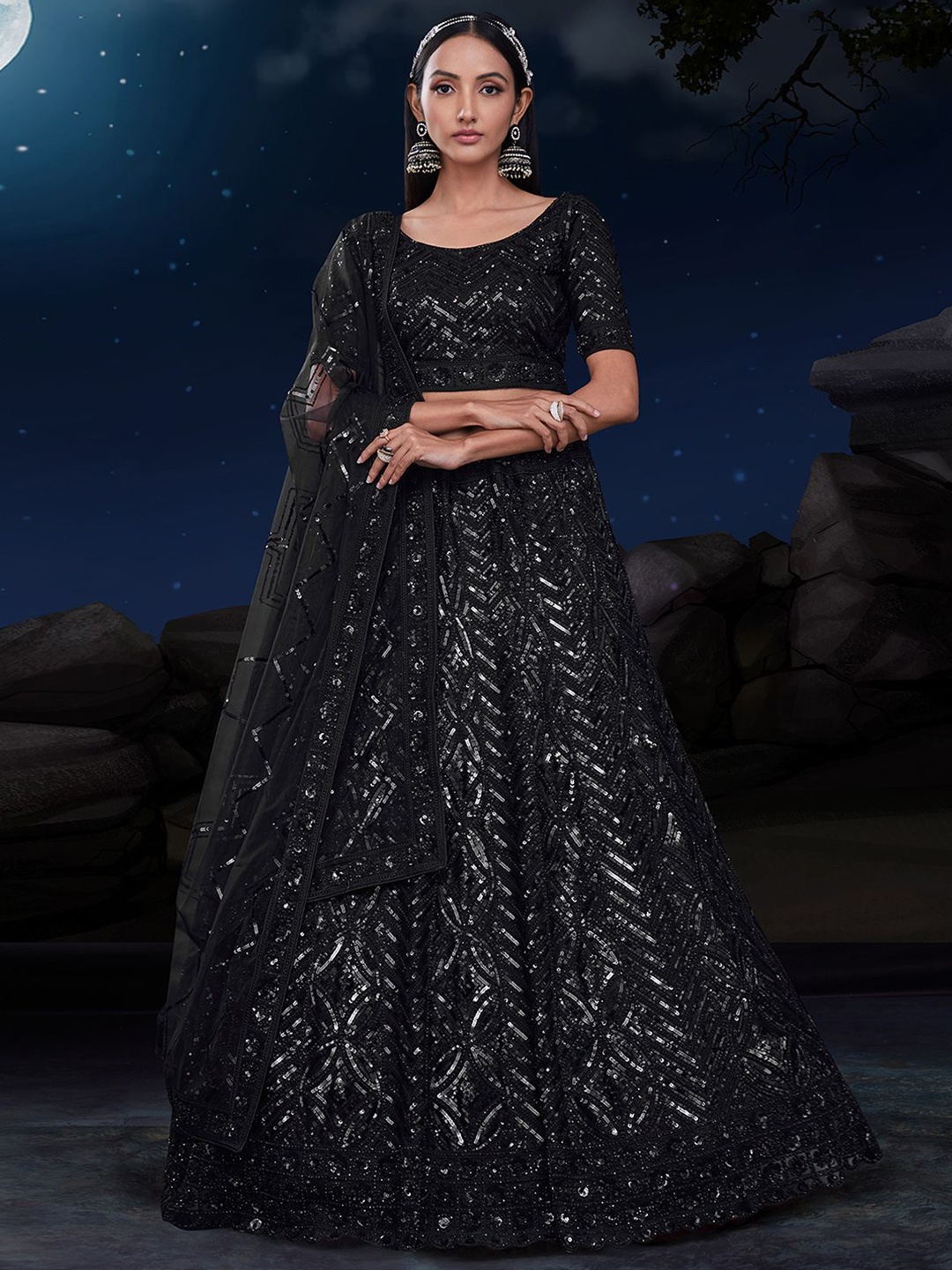 

ODETTE Floral Embellished Sequinned Semi-Stitched Lehenga & Blouse With Dupatta, Black
