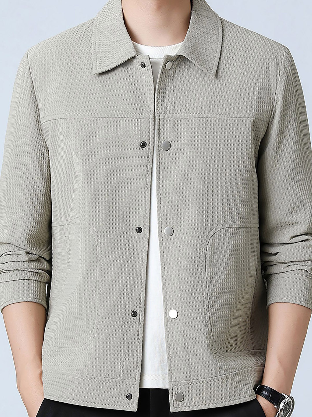 

StyleCast x Revolte Men Spread Collar Self Design Casual Windcheater Jacket, Green