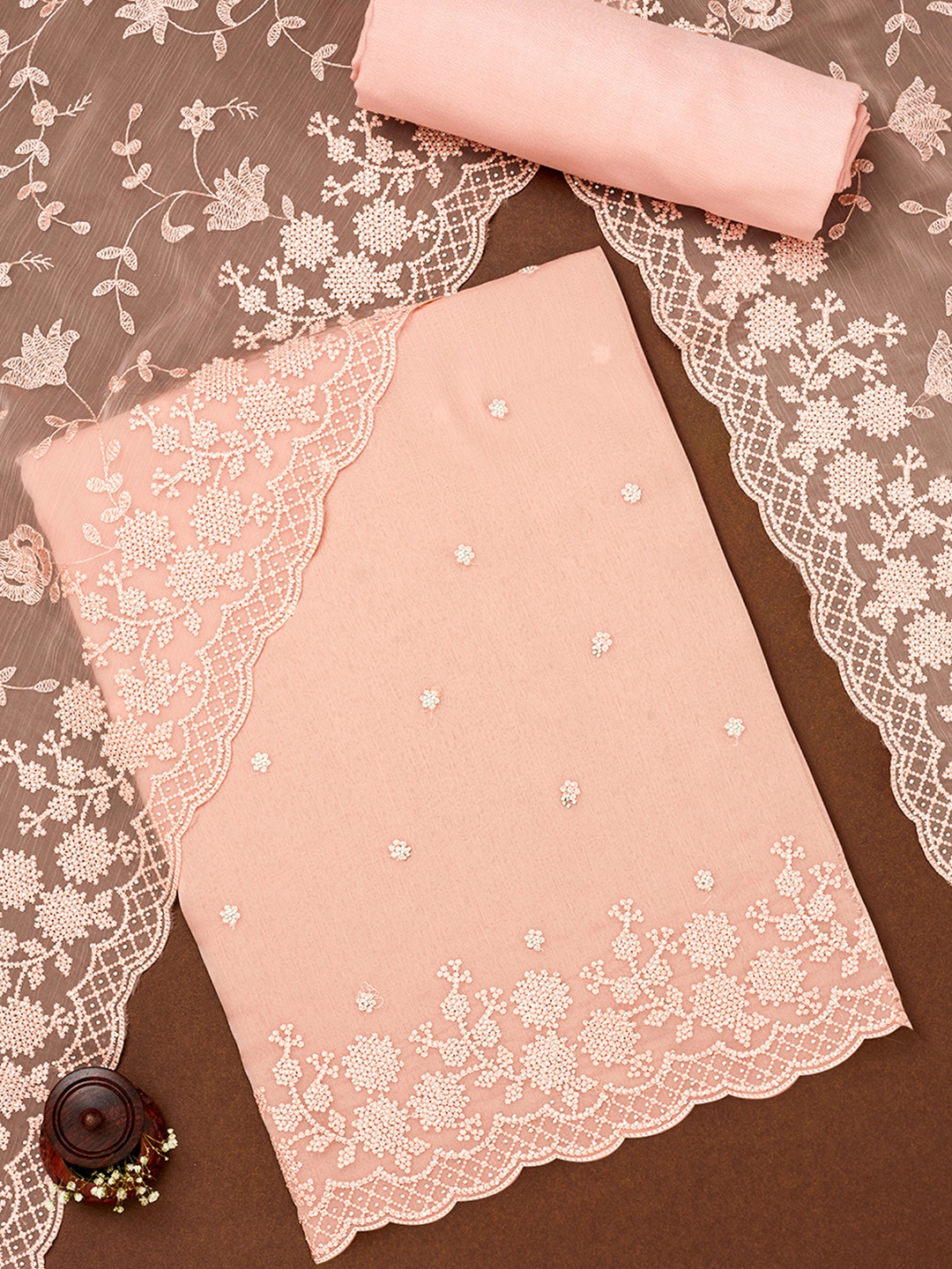 

Soch Floral Embroidered Embellished Unstitched Dress Material, Peach