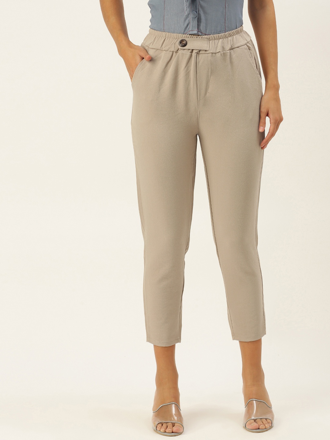 

SHECZZAR Women Solid Super Slim Fit Trousers, Beige