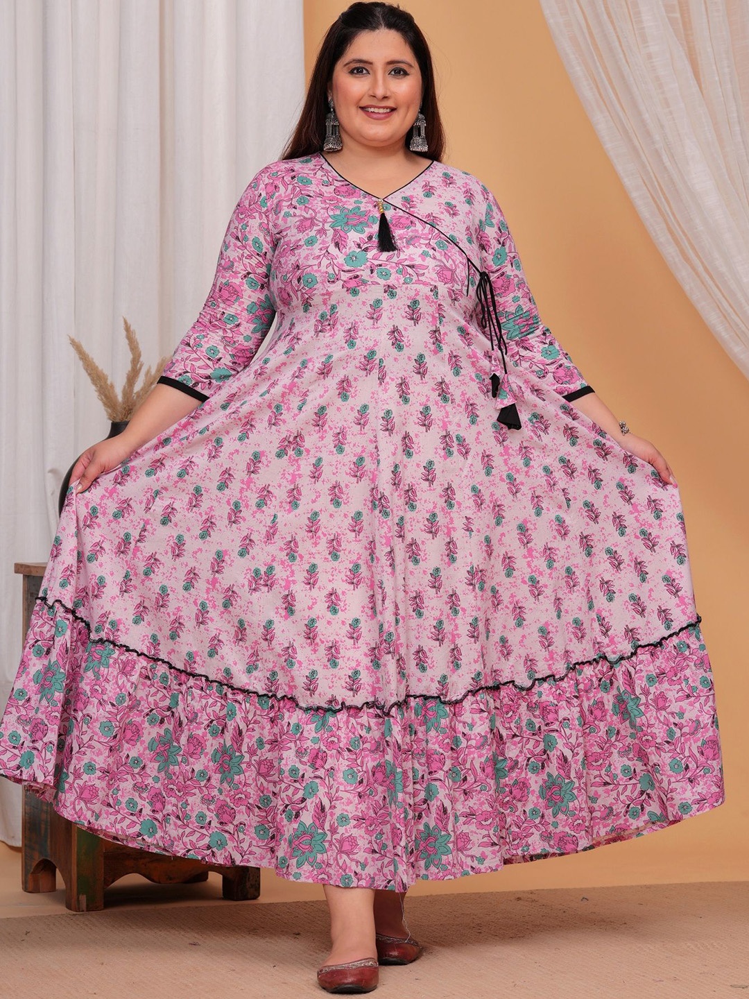 

LABULY Women Plus Size Pure Cotton Floral Printed Anarkali Kurta, Pink