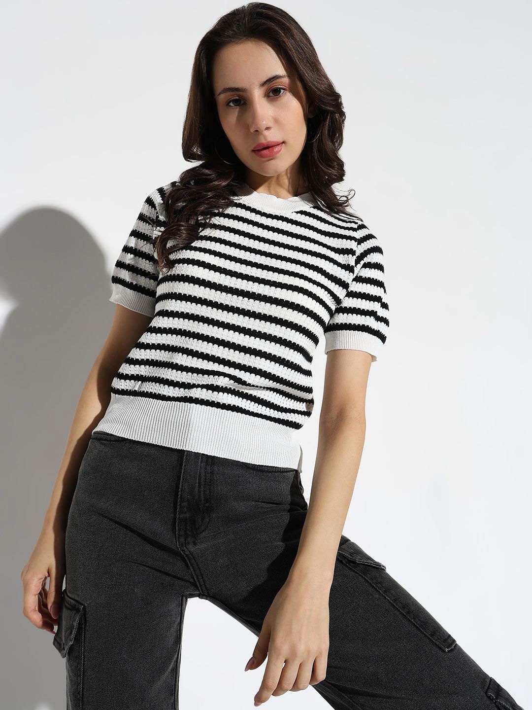 

SHOWOFF Women Round Neck Striped Top, Black