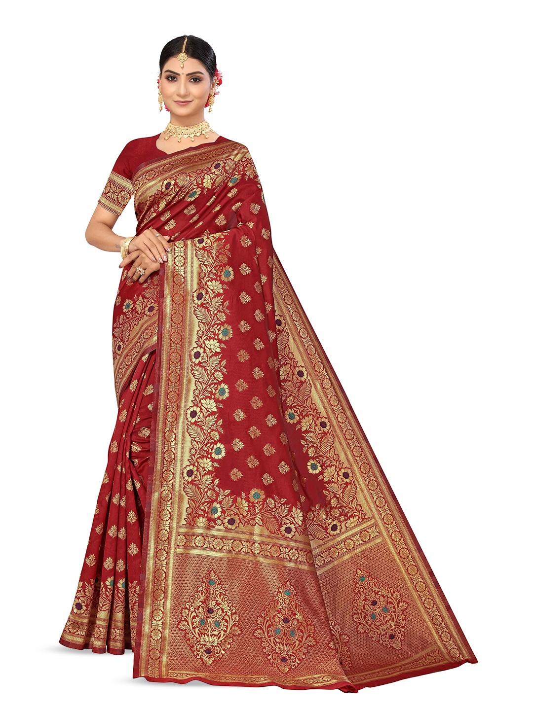 

Maroosh Floral Zari Silk Blend Fusion Banarasi Saree and Blouse piece, Red