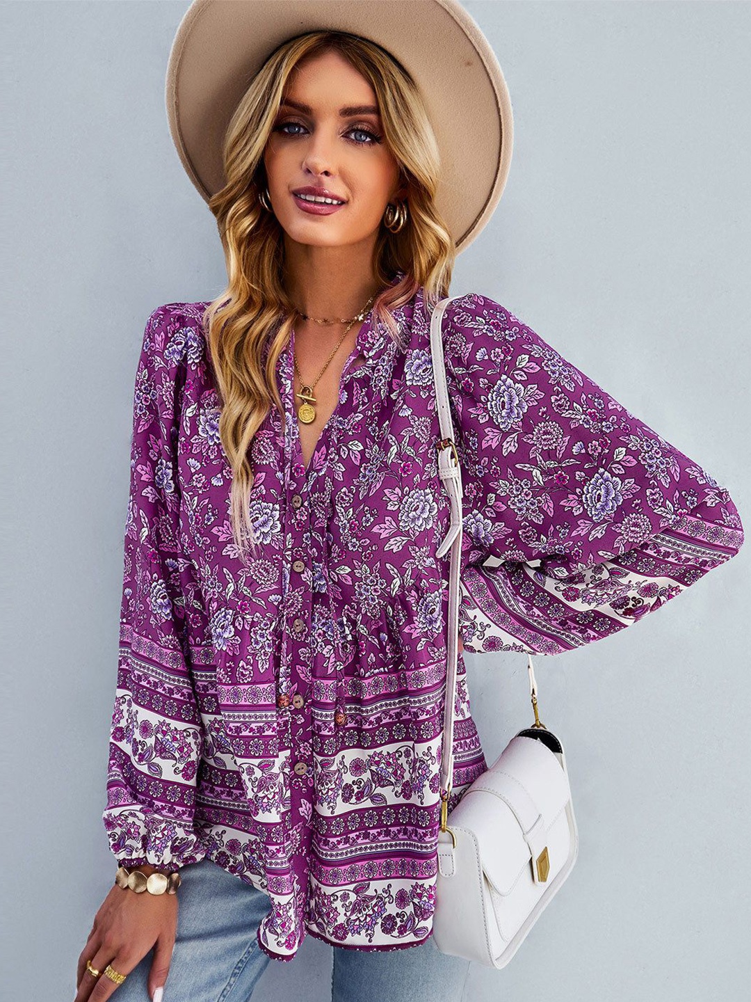 

StyleCast Women Floral Printed Mandarin Collar Top, Purple
