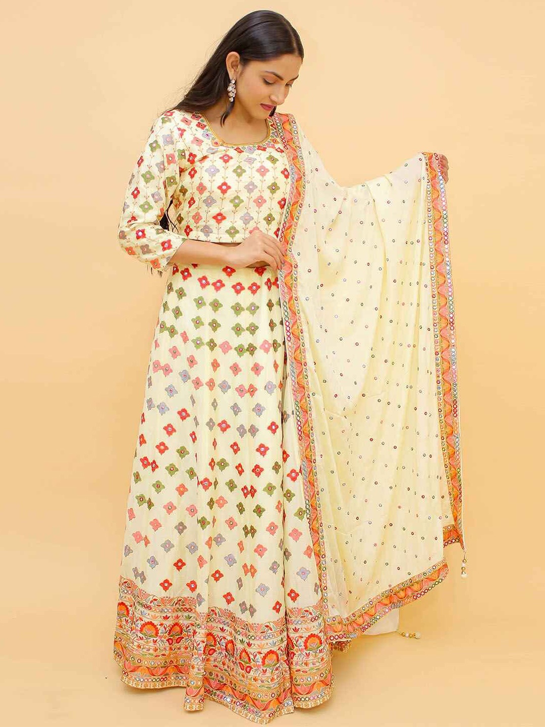 

ODETTE Floral Embroidered Ready to Wear Lehenga & Blouse With Dupatta, Off white