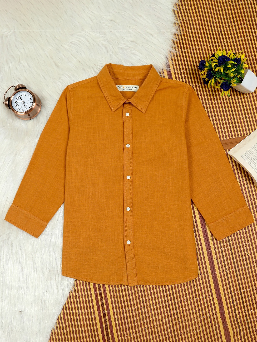 

The Lion and The Fish Boys Comfort Spread Collar Solid Cotton Relaxed Fit Casual Shirt, Orange