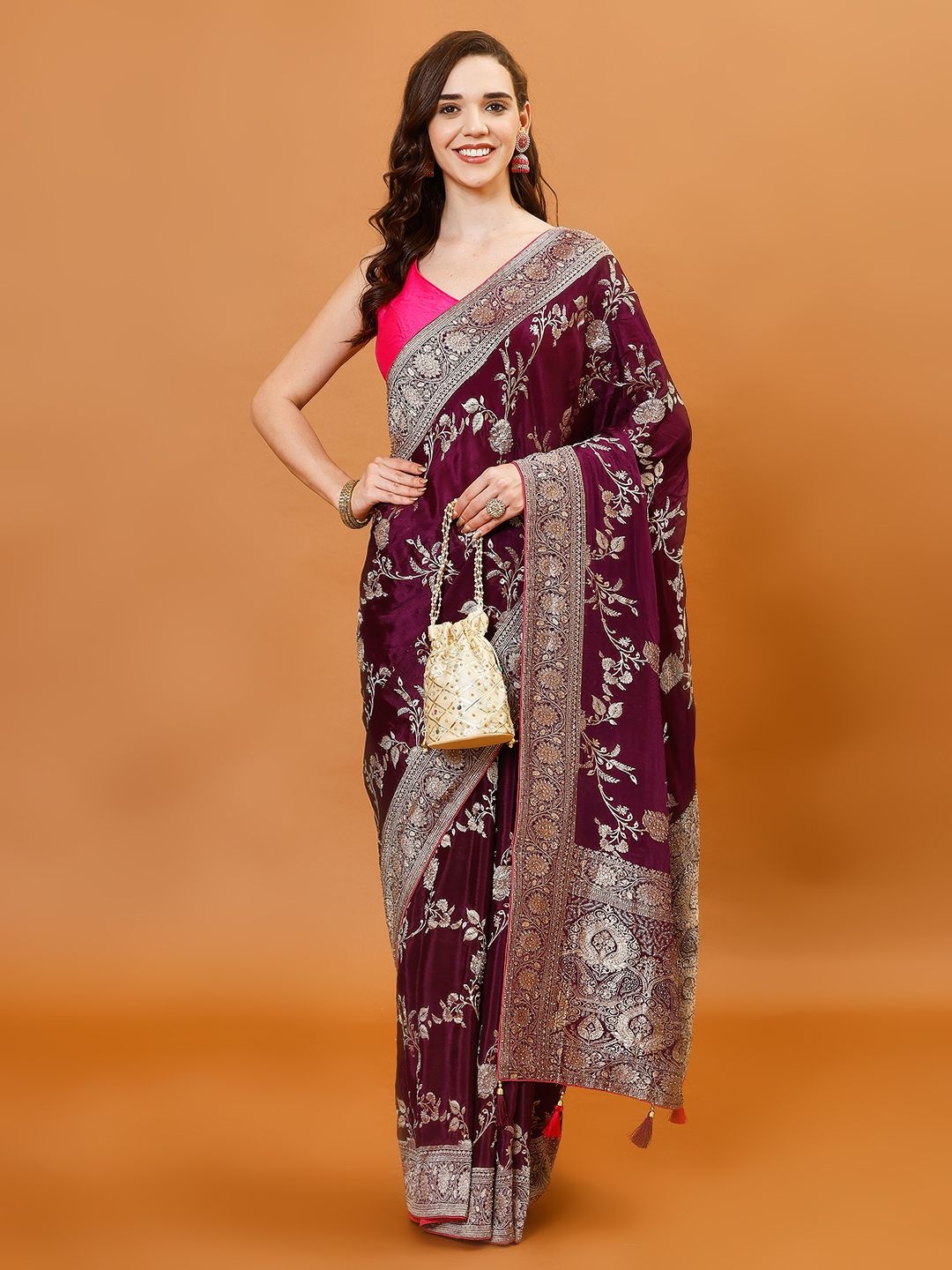 

Meena Bazaar Woven Design Zari Poly Crepe Saree, Purple