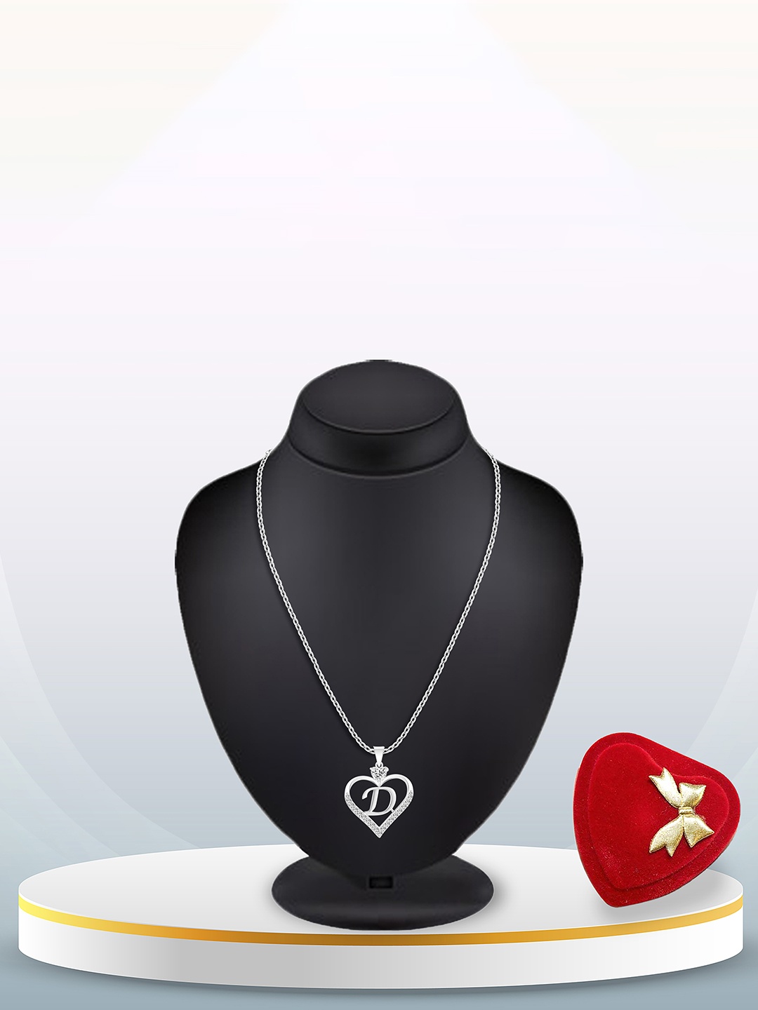 

Heer Collection Silver-Plated CZ Studded Alphabet D Heart Shaped Pendant With Chain
