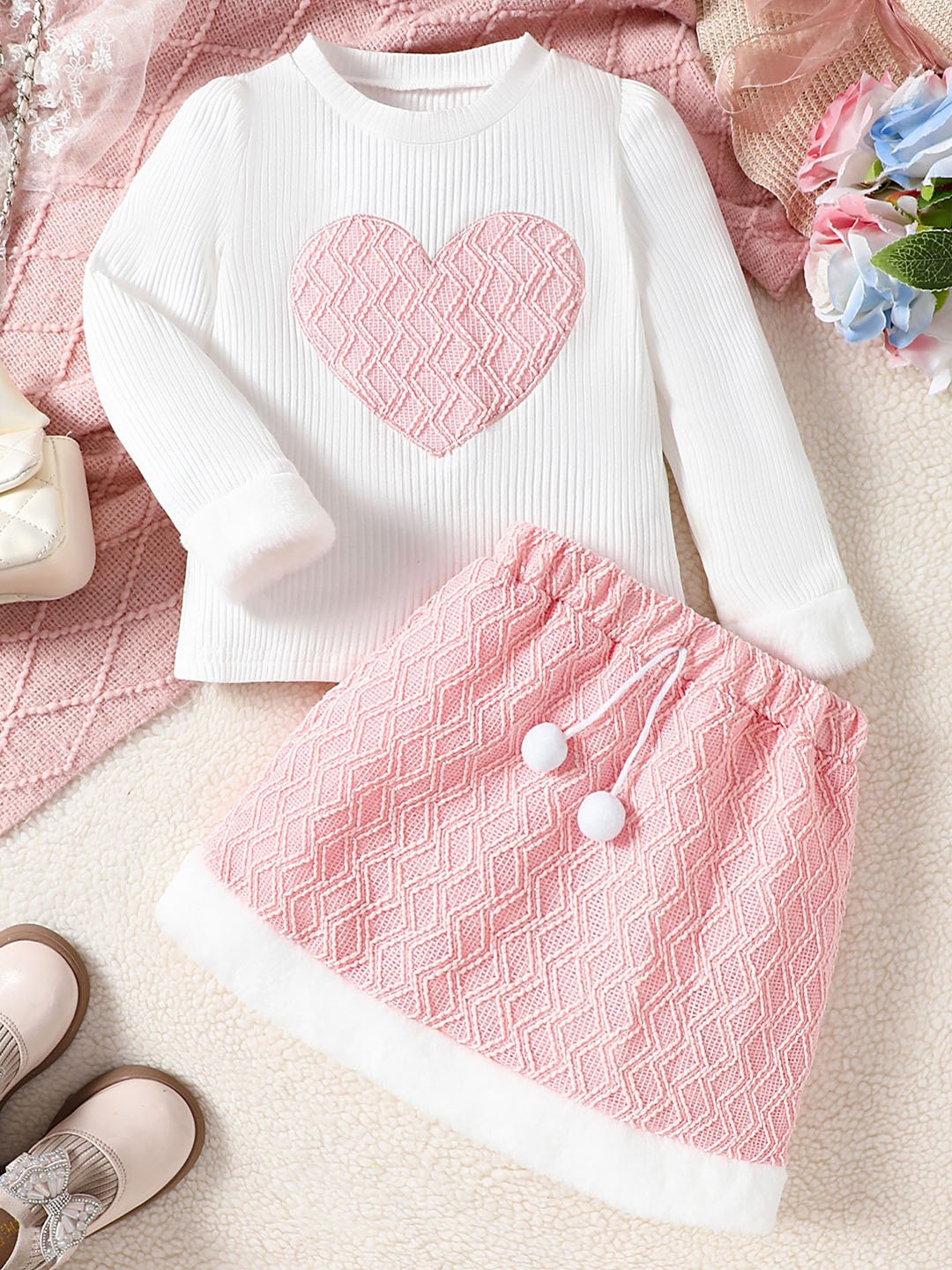 

LULU & SKY Girls Heart Patchwork Top with Pom-pom Skirt, White