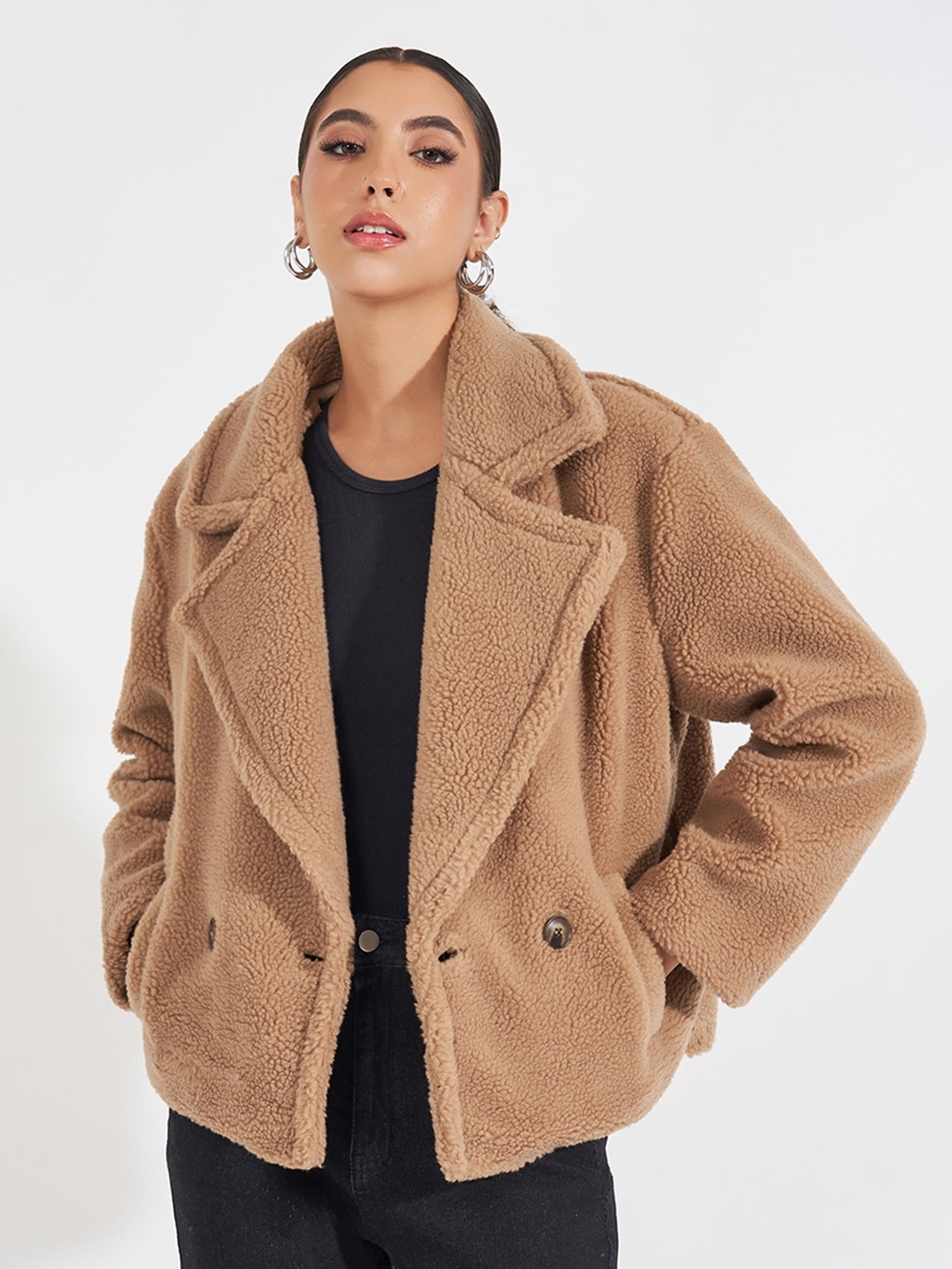 

Styli Women Solid Single-Breasted Notched Lapel Collar Overcoat, Beige