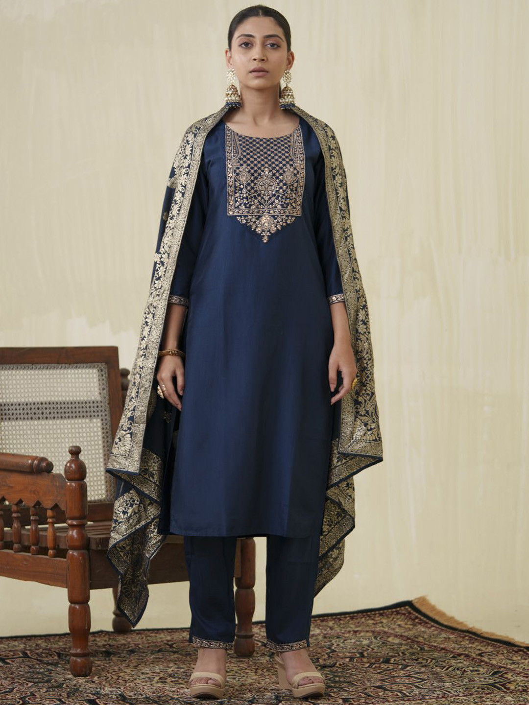 

AUTUMN LANE Yoke Design Zari Embroidered Straight Kurta with Trouser and dupatta, Navy blue
