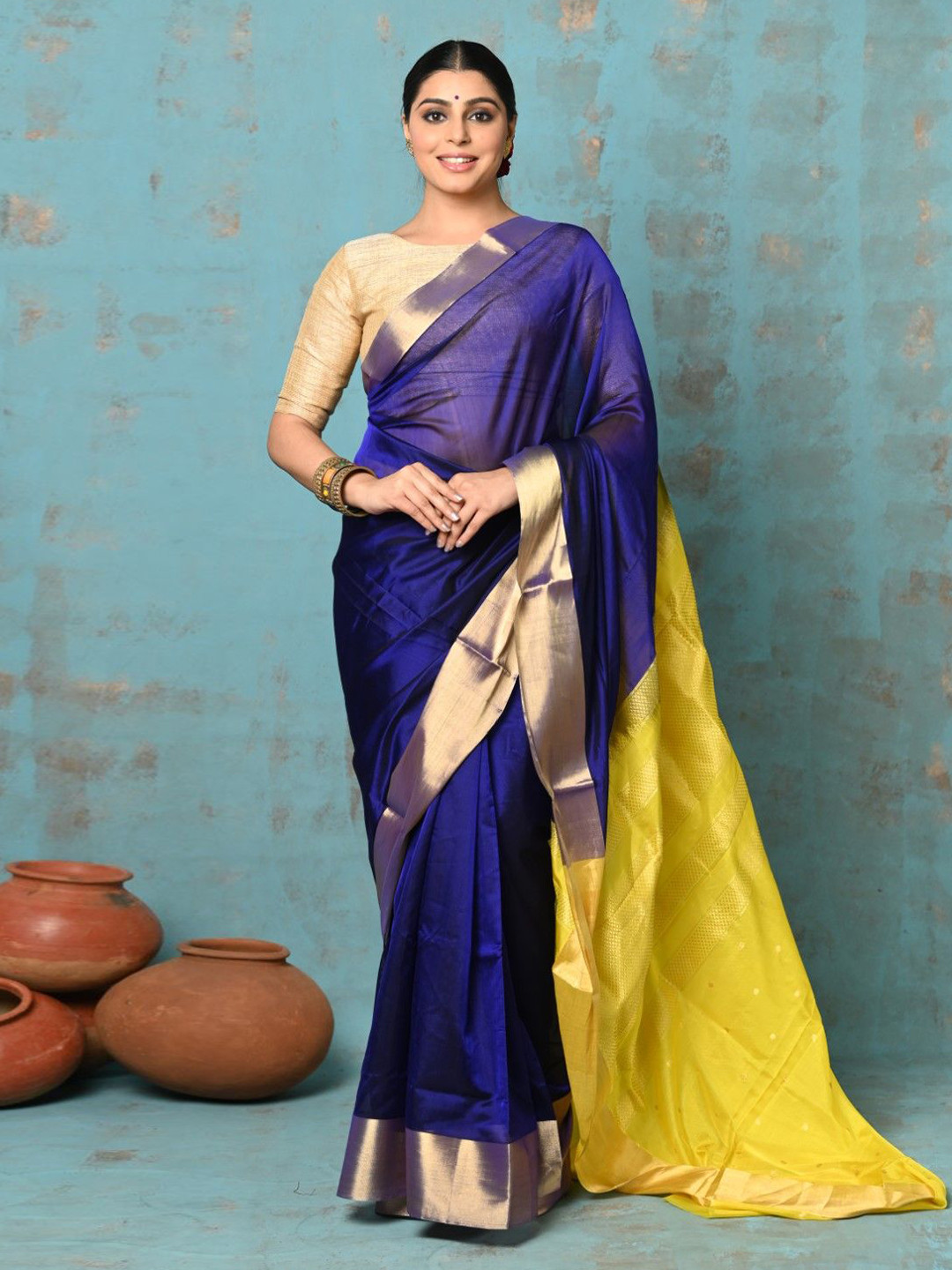 

Very Much Indian Zari Pure Linen Saree, Blue