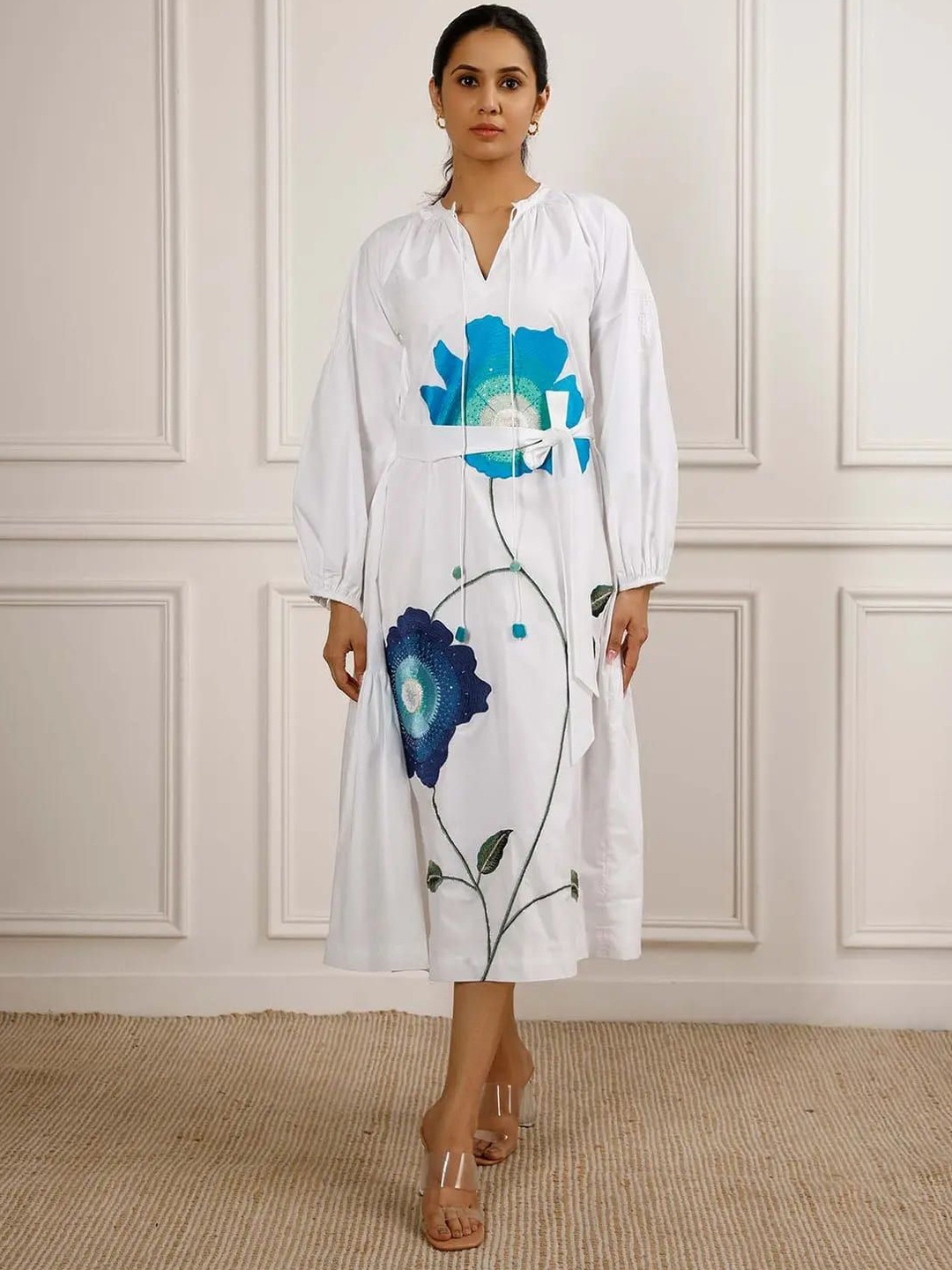 

BETRUE Women Floral Embroidered A-Line Midi Dress, White