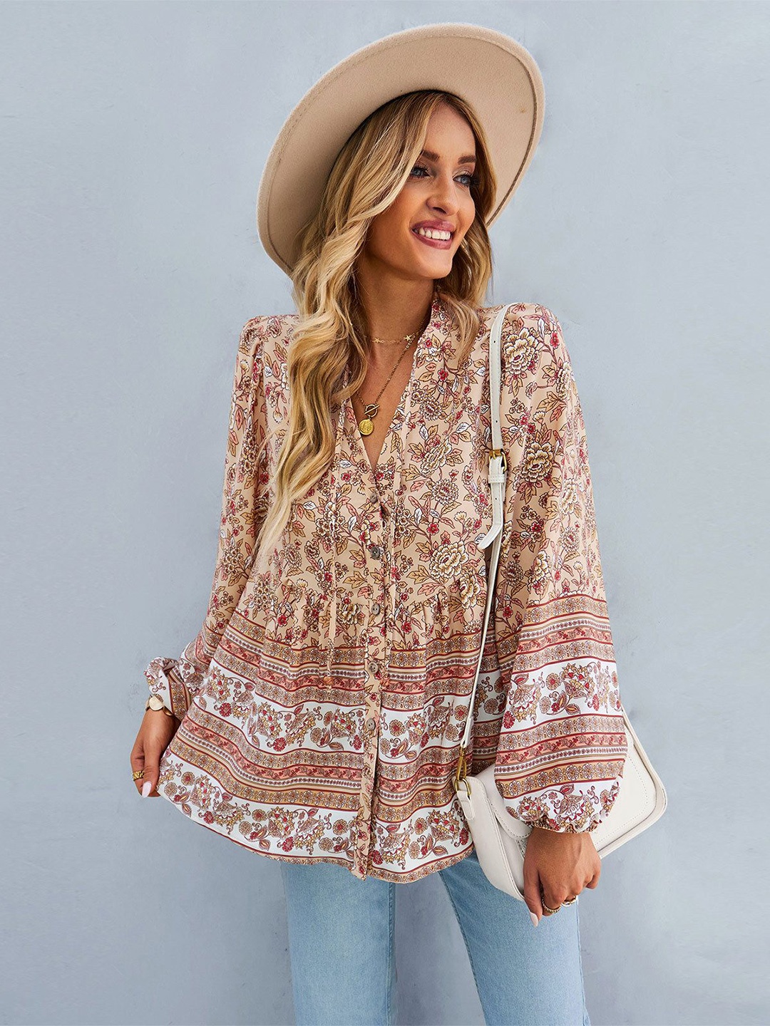 

StyleCast Women Floral Printed Mandarin Collar Top, Beige