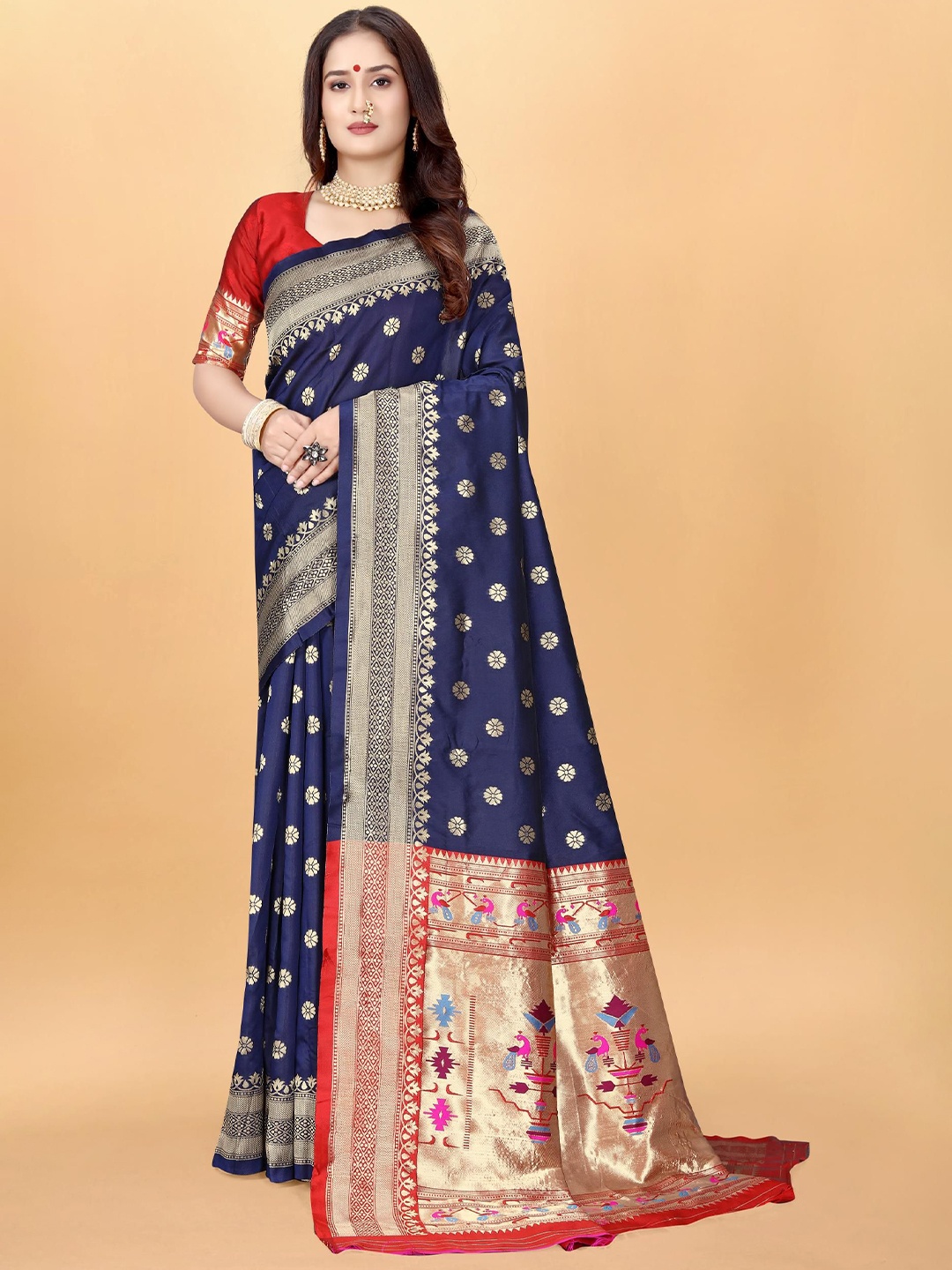 

VenderVilla Woven Design Zari Paithani Saree, Navy blue