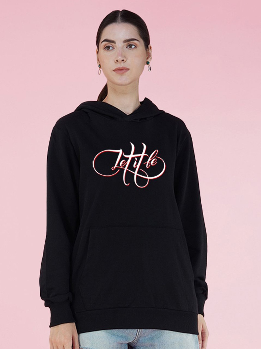 

NUSYL Women Typography Printed Hood Fleece Pullover Oversized Sweatshirt, Black