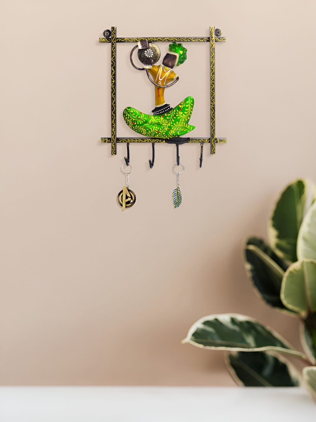 

Golden Peacock Green & Yellow Textured Key Holder With 4 Knobs