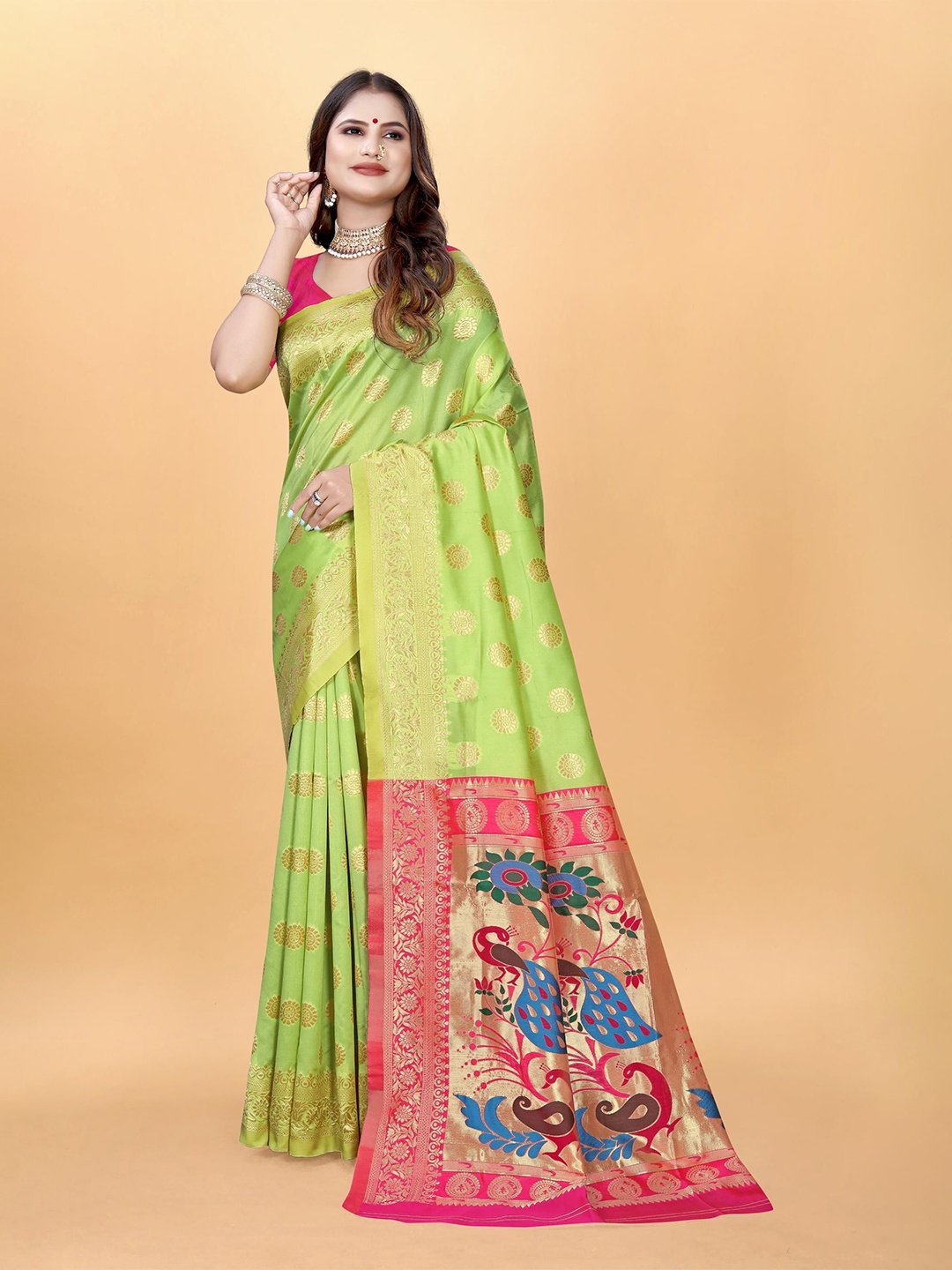 

VenderVilla Woven Design Zari Paithani Saree, Lime green