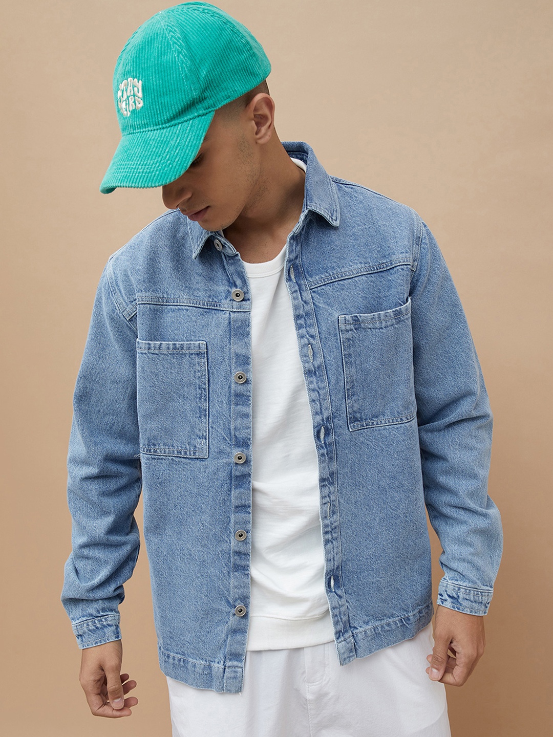 

Forca Men Spread Collar Solid Cotton Casual Denim Jacket, Blue