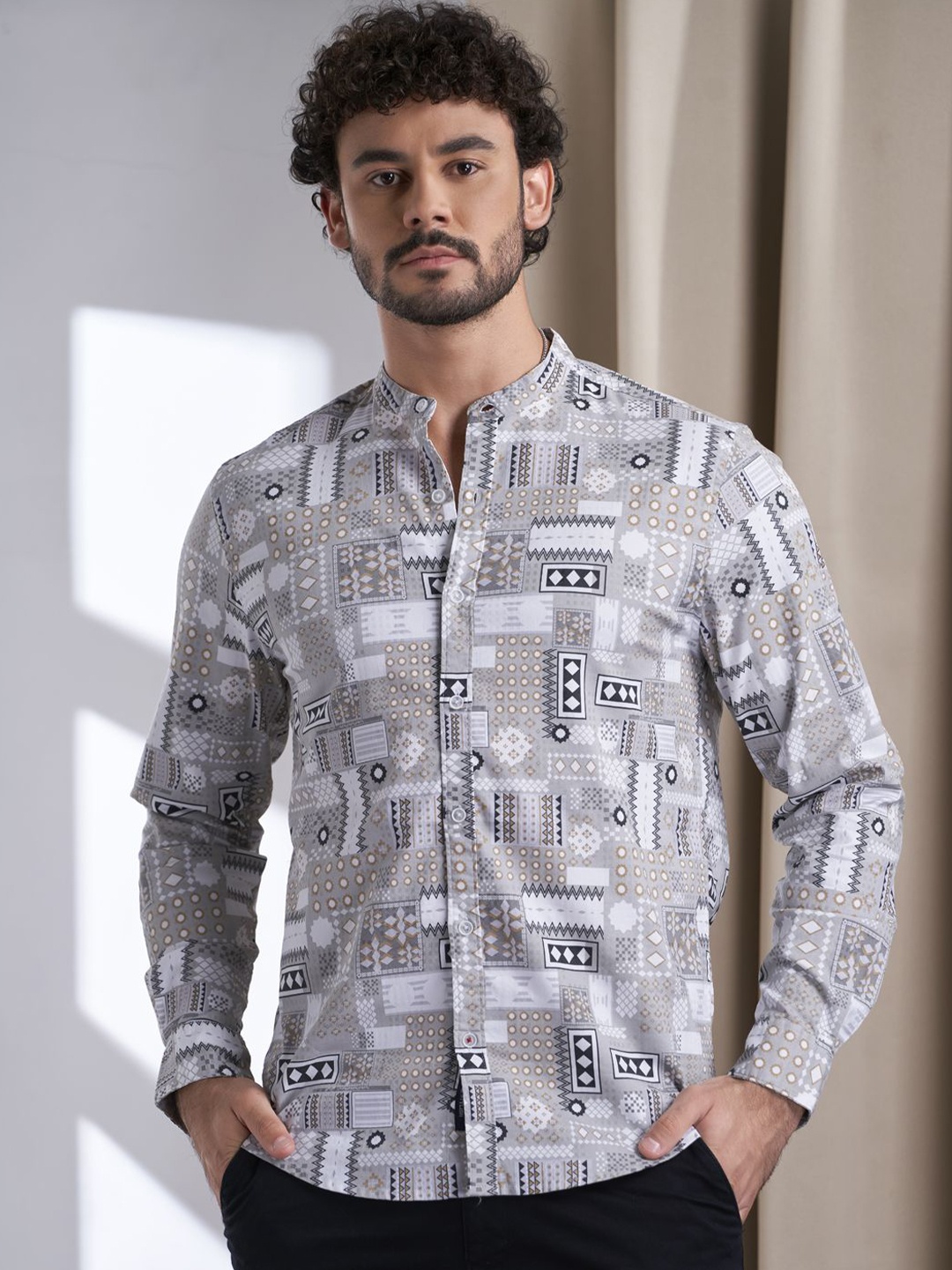 

VALEN CLUB Men India Slim Mandarin Collar Geometric Printed Cotton Casual Shirt, Grey