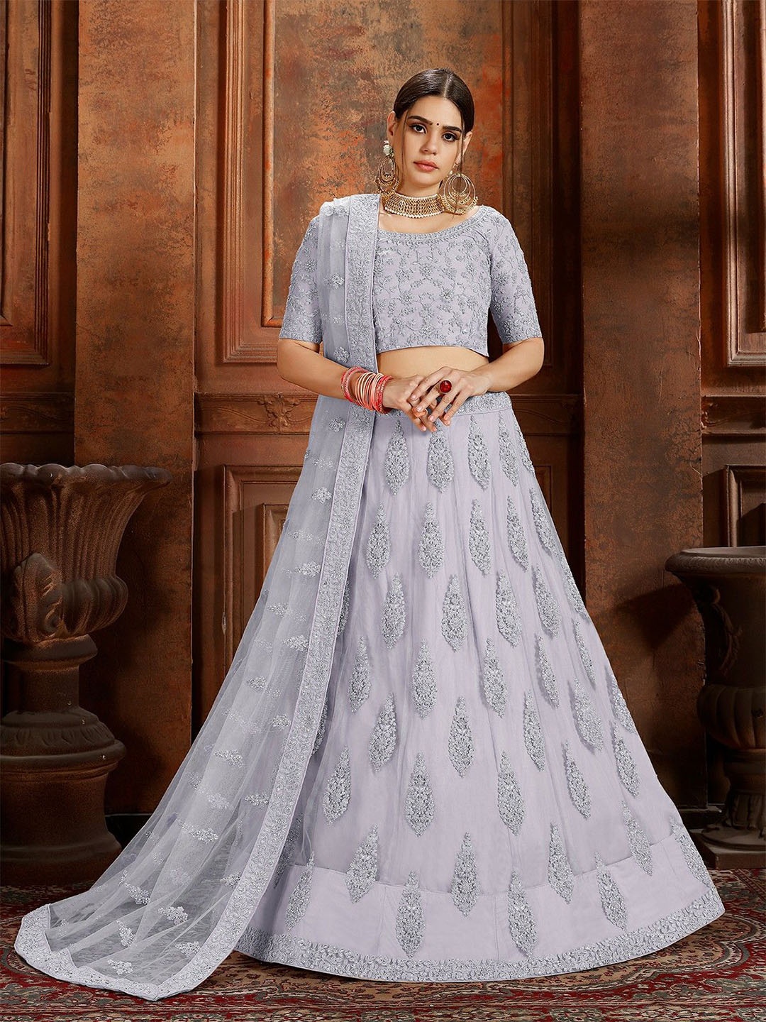 

ODETTE Floral Embroidered Thread Work Soft Net Semi-Stitched Lehenga & Blouse With Dupatta, Grey