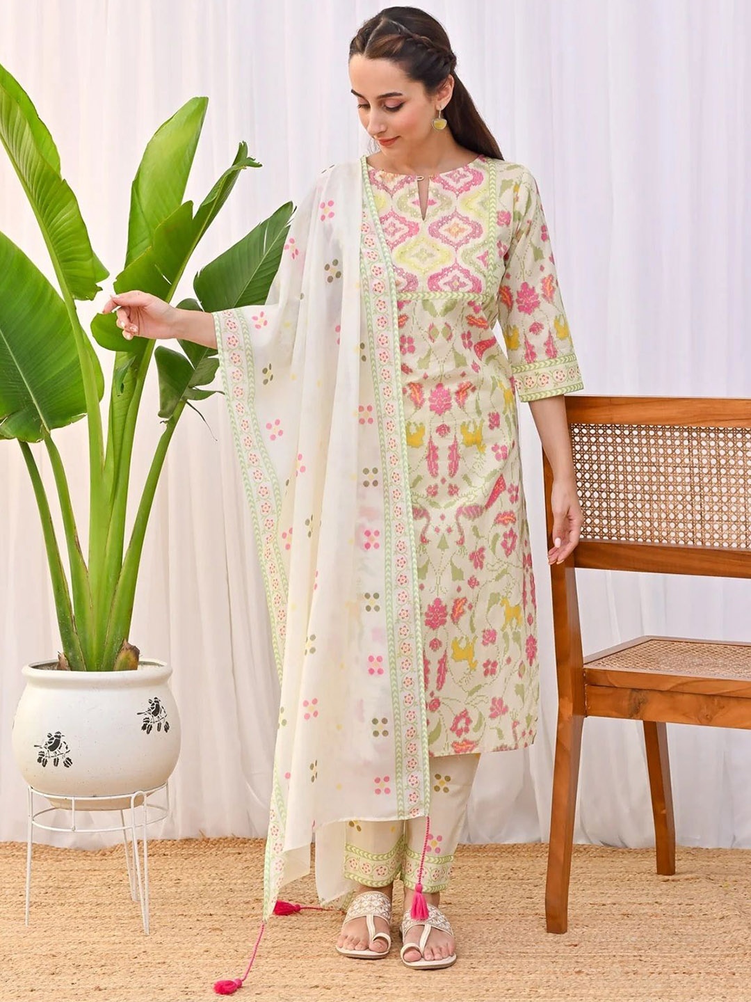 

KALINI Floral Printed Sequinned Kurta with Trousers & Dupatta, Cream