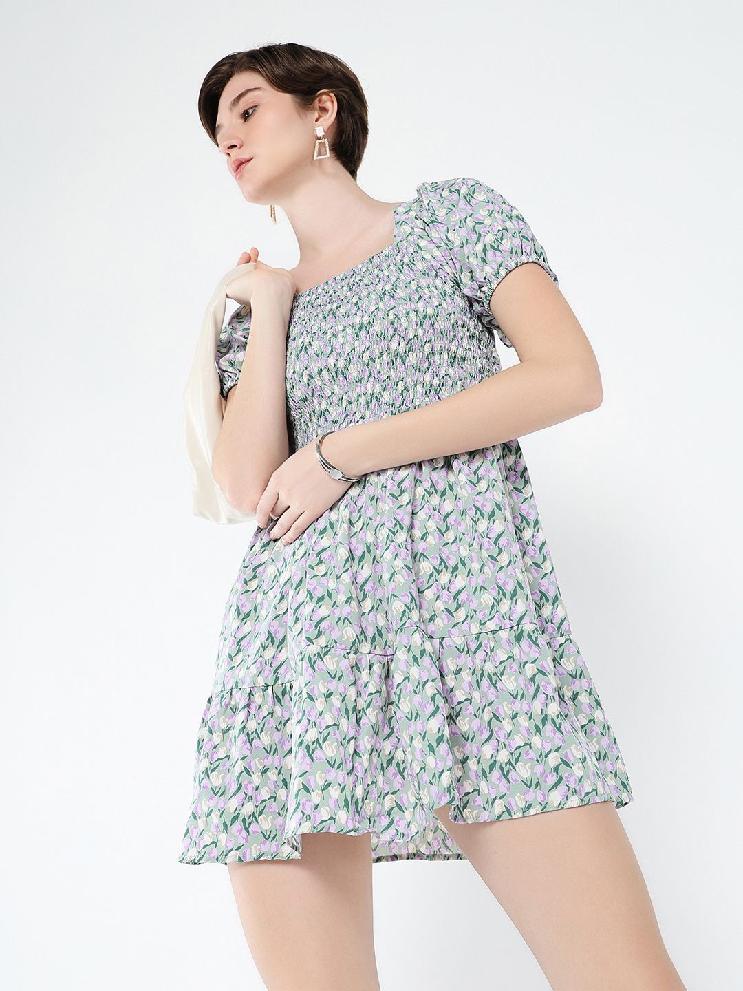 

SHOWOFF Women Floral Printed Puff Sleeve Fit & Flare Mini Dress, Grey
