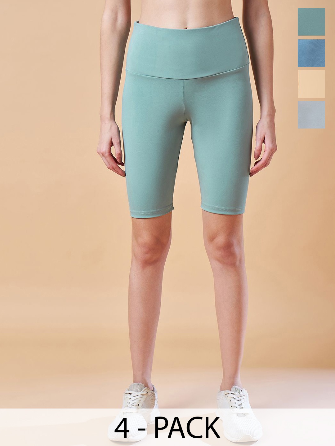 

COLOR CAPITAL Women Pack Of 4 High-Rise Cycling Shorts, Green