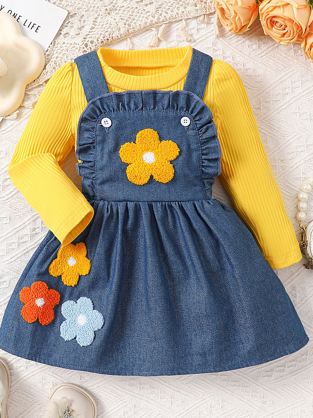 

LULU & SKY Floral Embroidered Denim Pinafore Midi Dress With T-shirt, Yellow