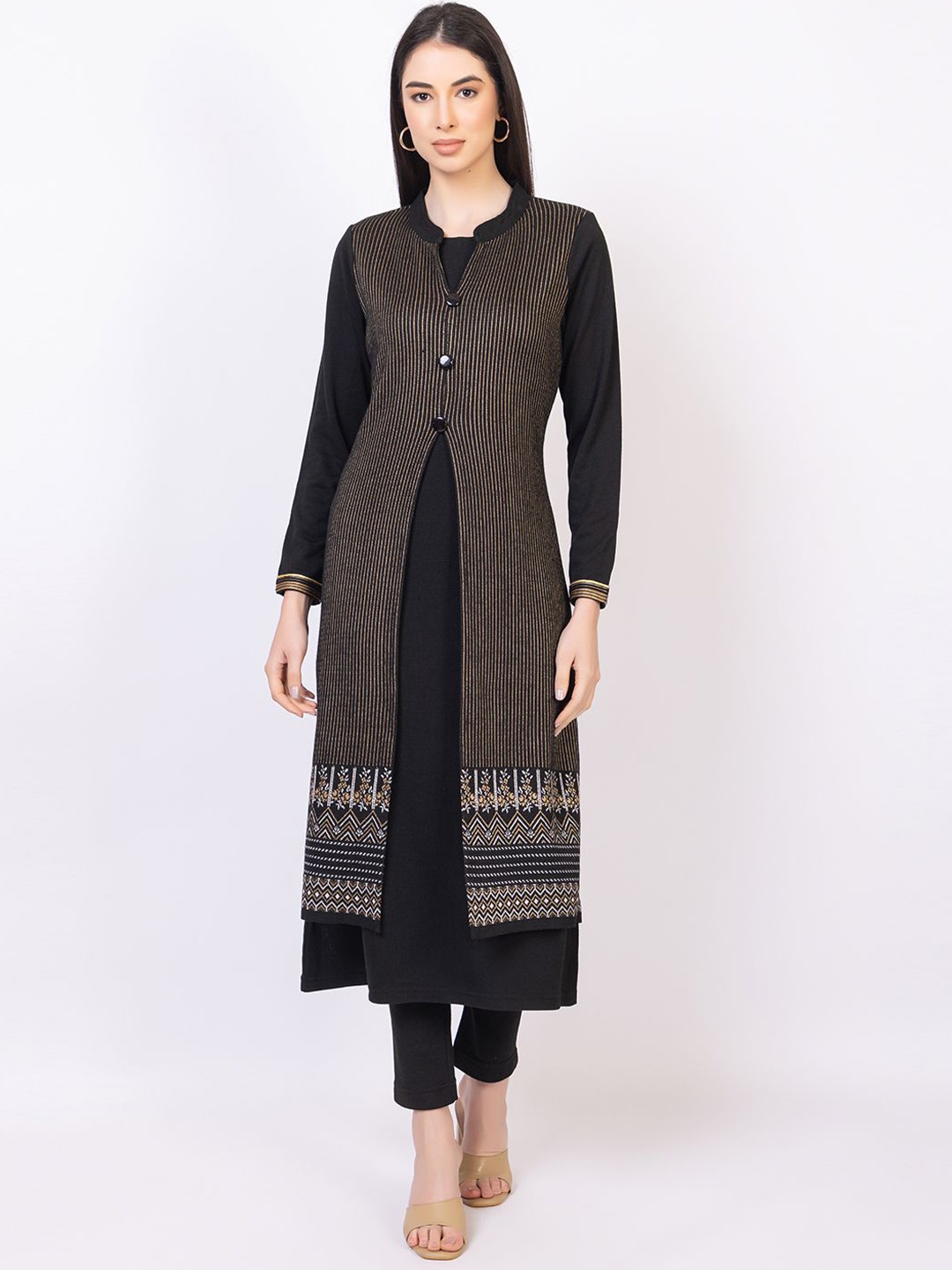 

KEIKO Mandarin Collar Acrylic A-Line Kurta with Trousers, Black