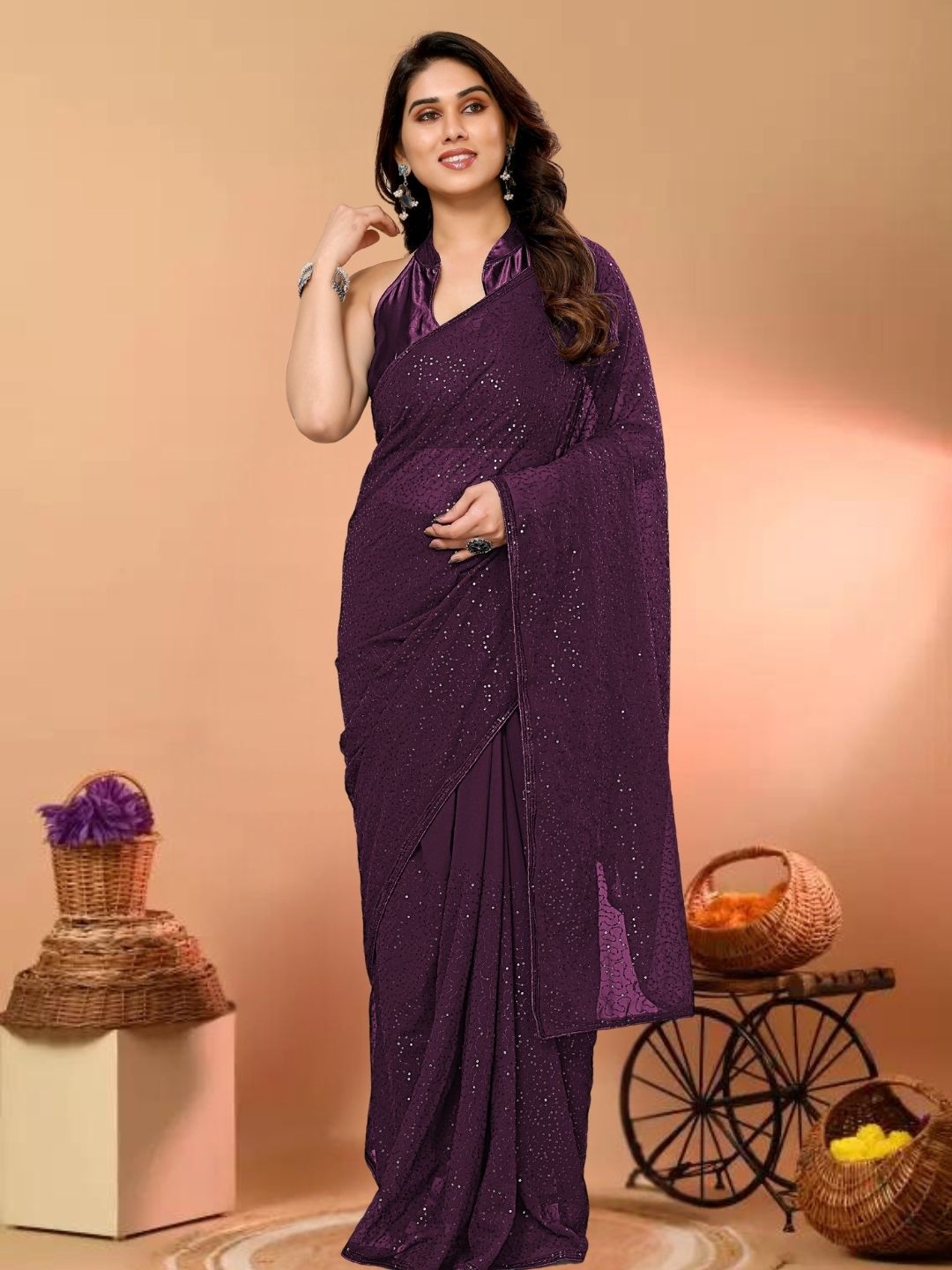 

KAZIA Embellished Sequin Work Pure Georgette Ready To Wear Saree, Purple