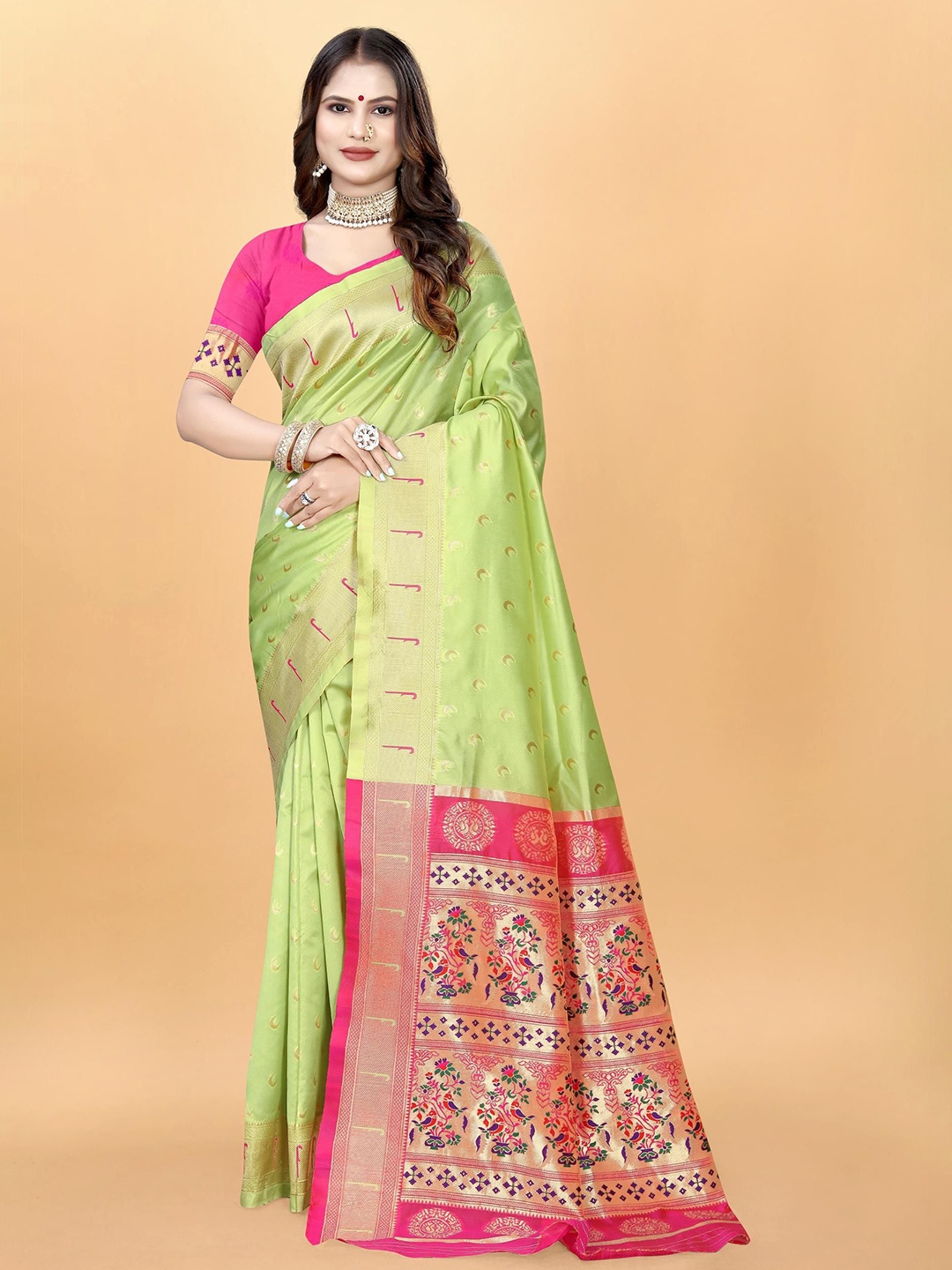 

VenderVilla Woven Design Zari Paithani Saree, Lime green