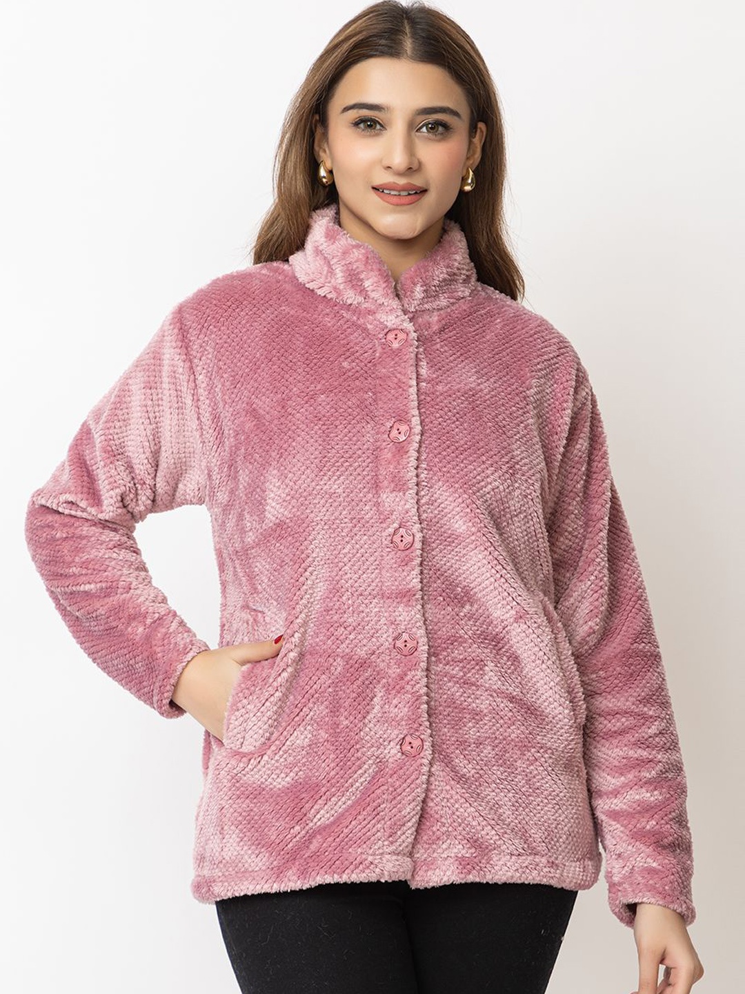 

LO G LO Women Stand Collar Self Design Casual Open Front Jacket, Pink