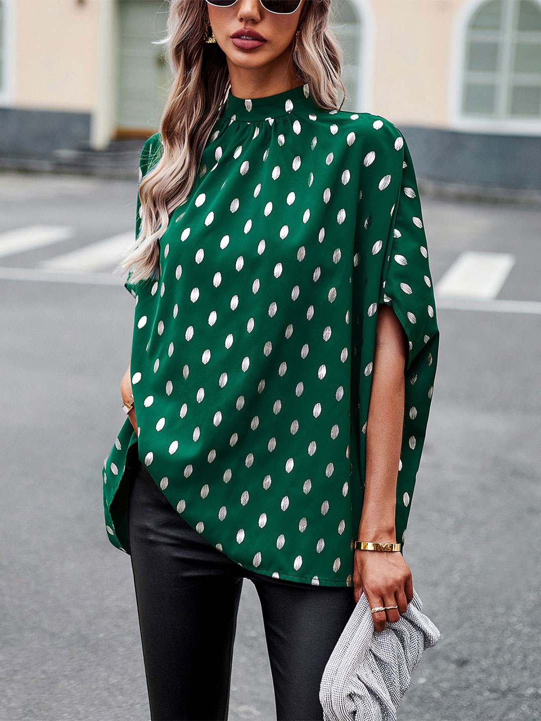 

StyleCast Women Polka Dots Printed High Neck Top, Green