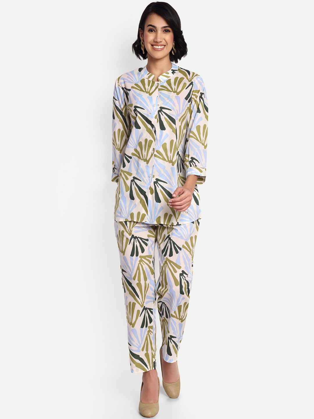 

GAB Women Printed Pure Cotton Tunic With Trousers Co-Ords, White