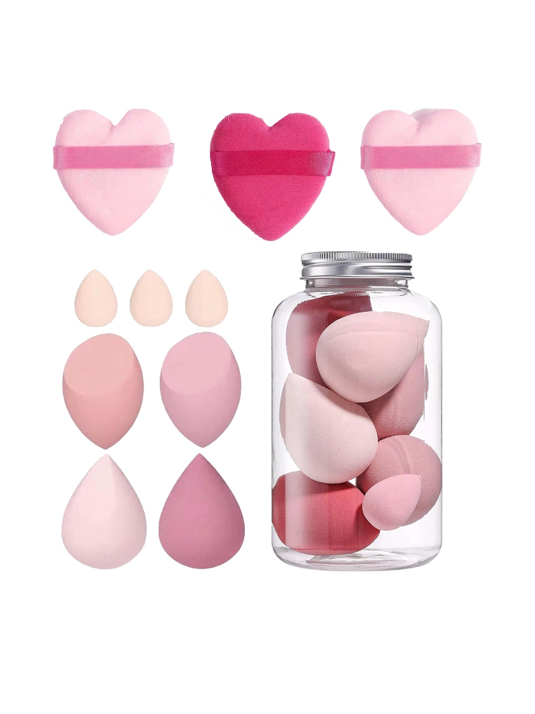 

Facejewel Makeup Sponge Set - Blender Egg Case + Soft Sponge + Dabba + Heart Sponge, Pink