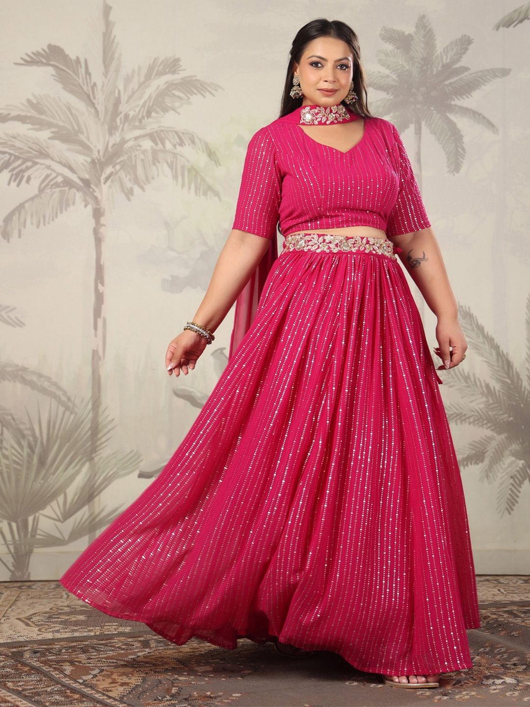 

Janasya Plus Size Embellished Ready to Wear Lehenga & Blouse With Dupatta, Pink