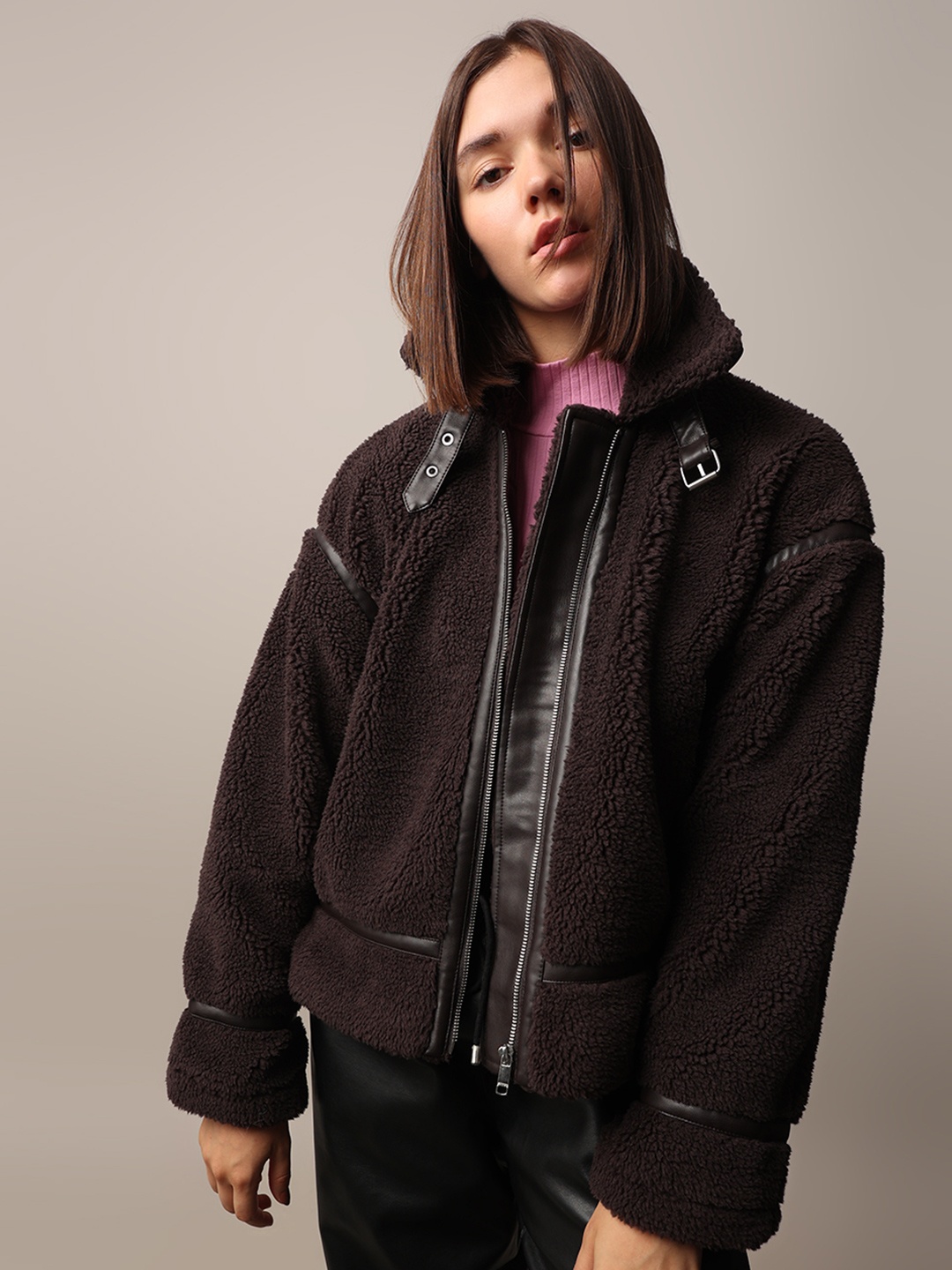 

ONLY Women Self Design Fur Stand Collar Puffer Jacket, Brown