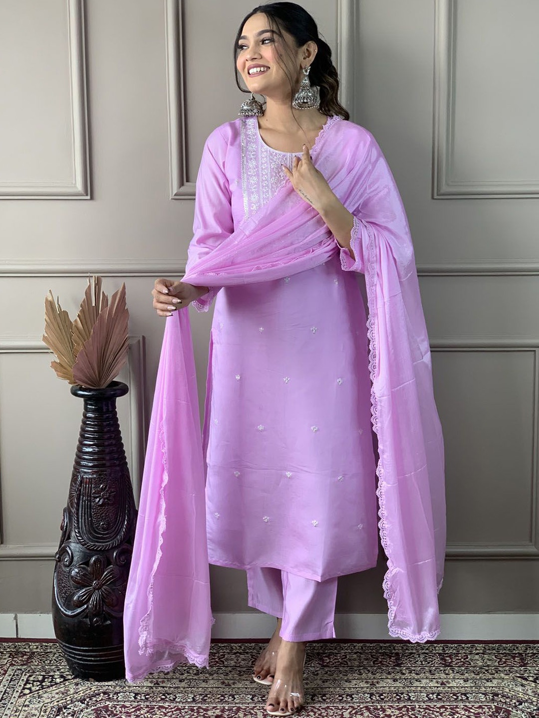 

Meena Bazaar Floral Embroidered Sequinned Kurta with Trousers & Dupatta, Lavender