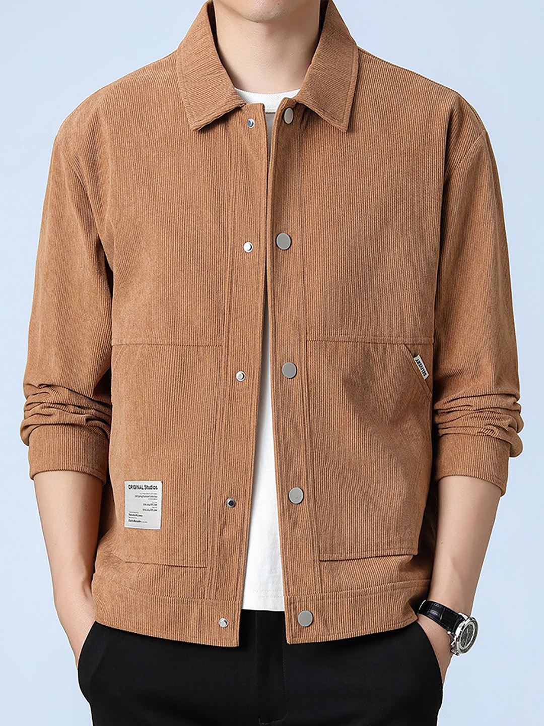

StyleCast x Revolte Men Self Design Windcheater Spread Collar Tailored Jacket, Tan
